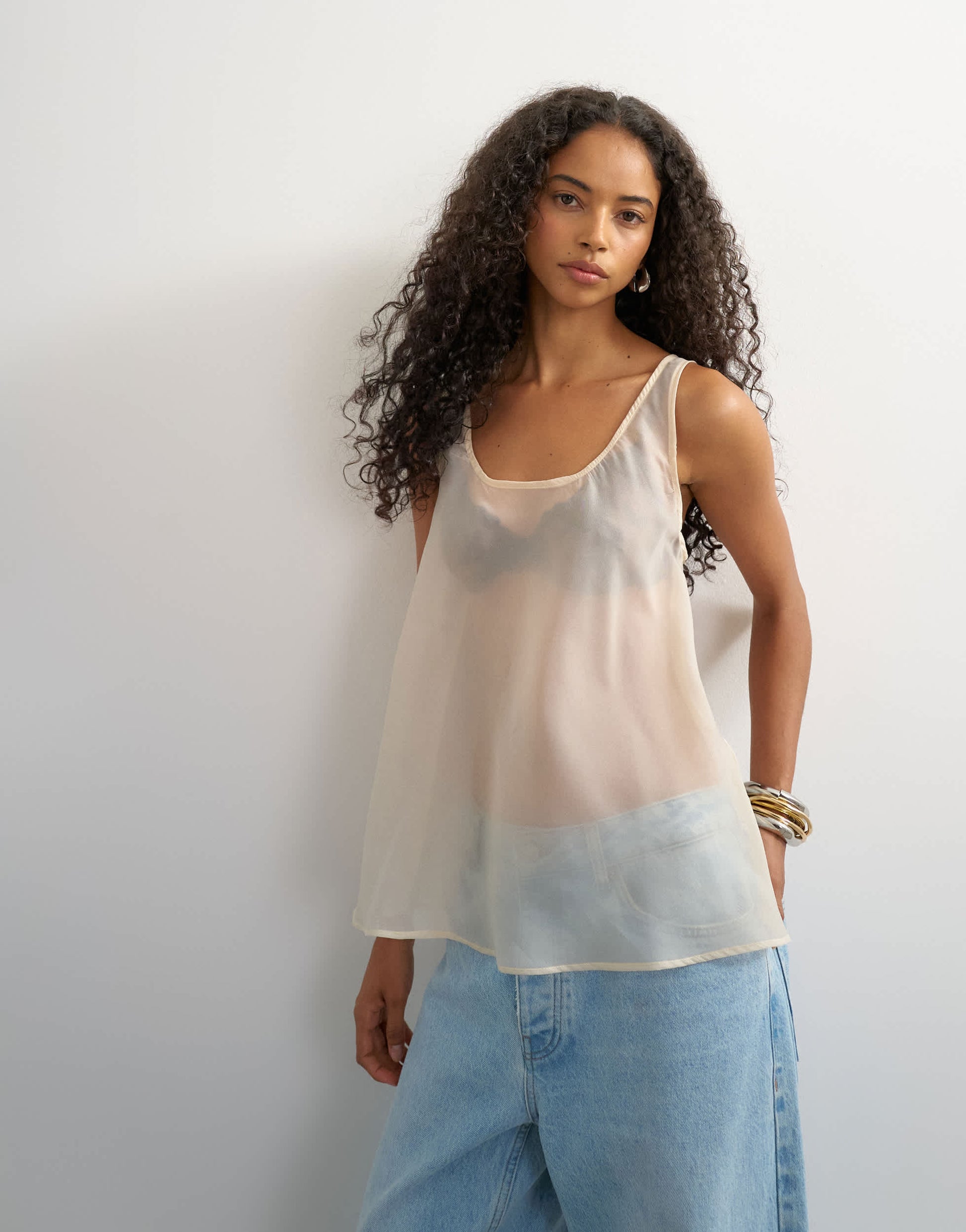 Topshop sleeveless organza scoop vest in oyster