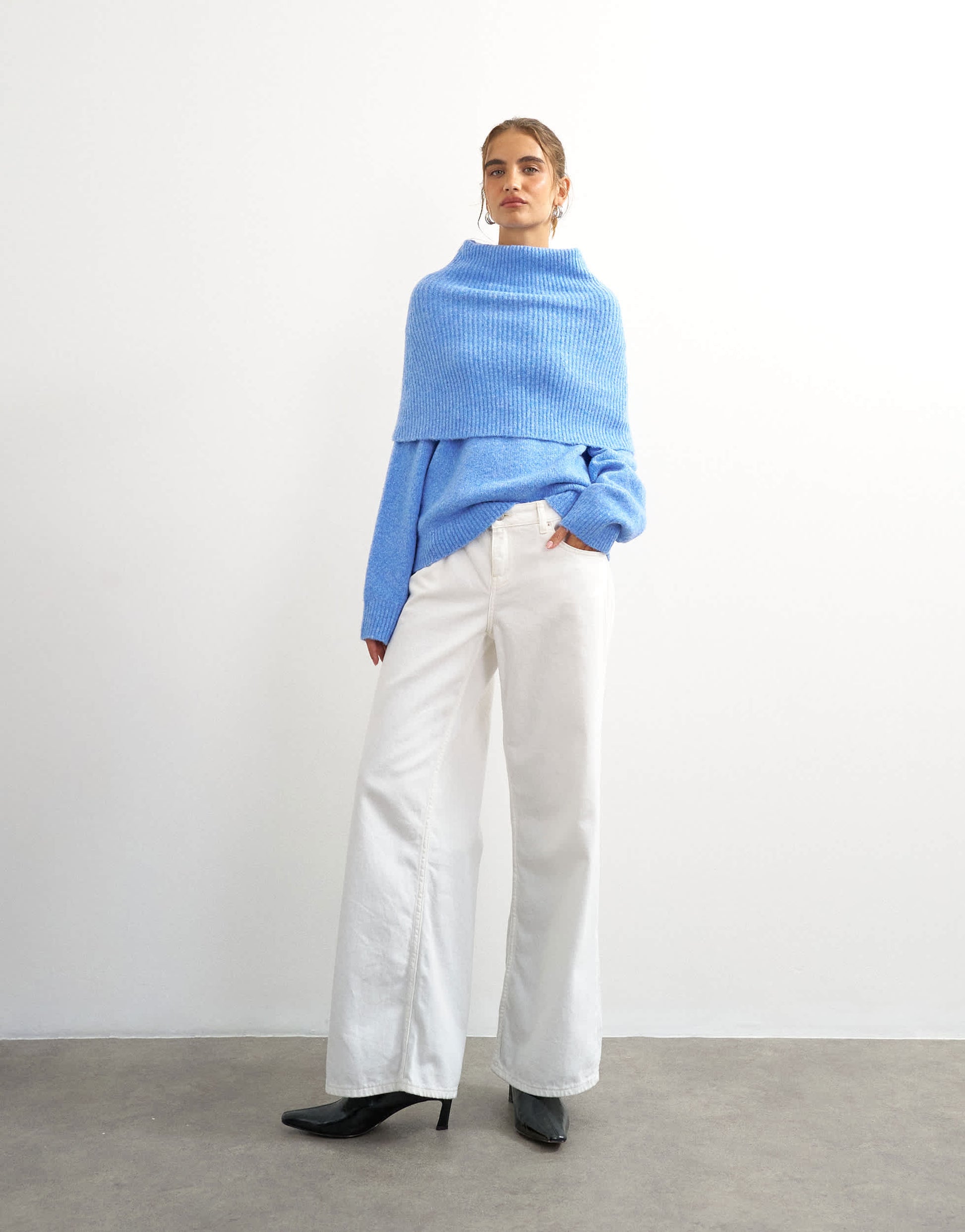 Topshop knitted deep fold bardot jumper in blue