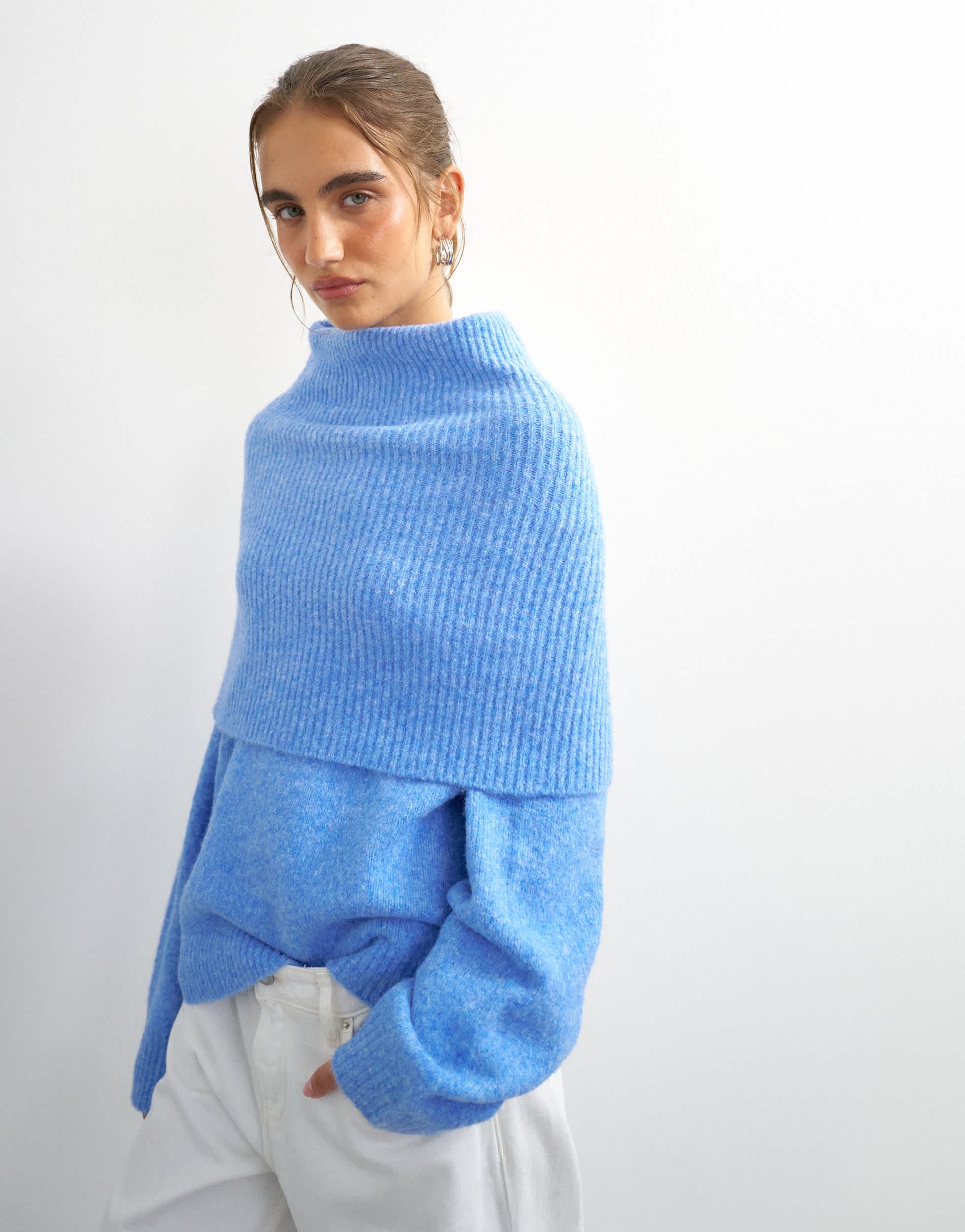 Topshop knitted deep fold bardot jumper in blue