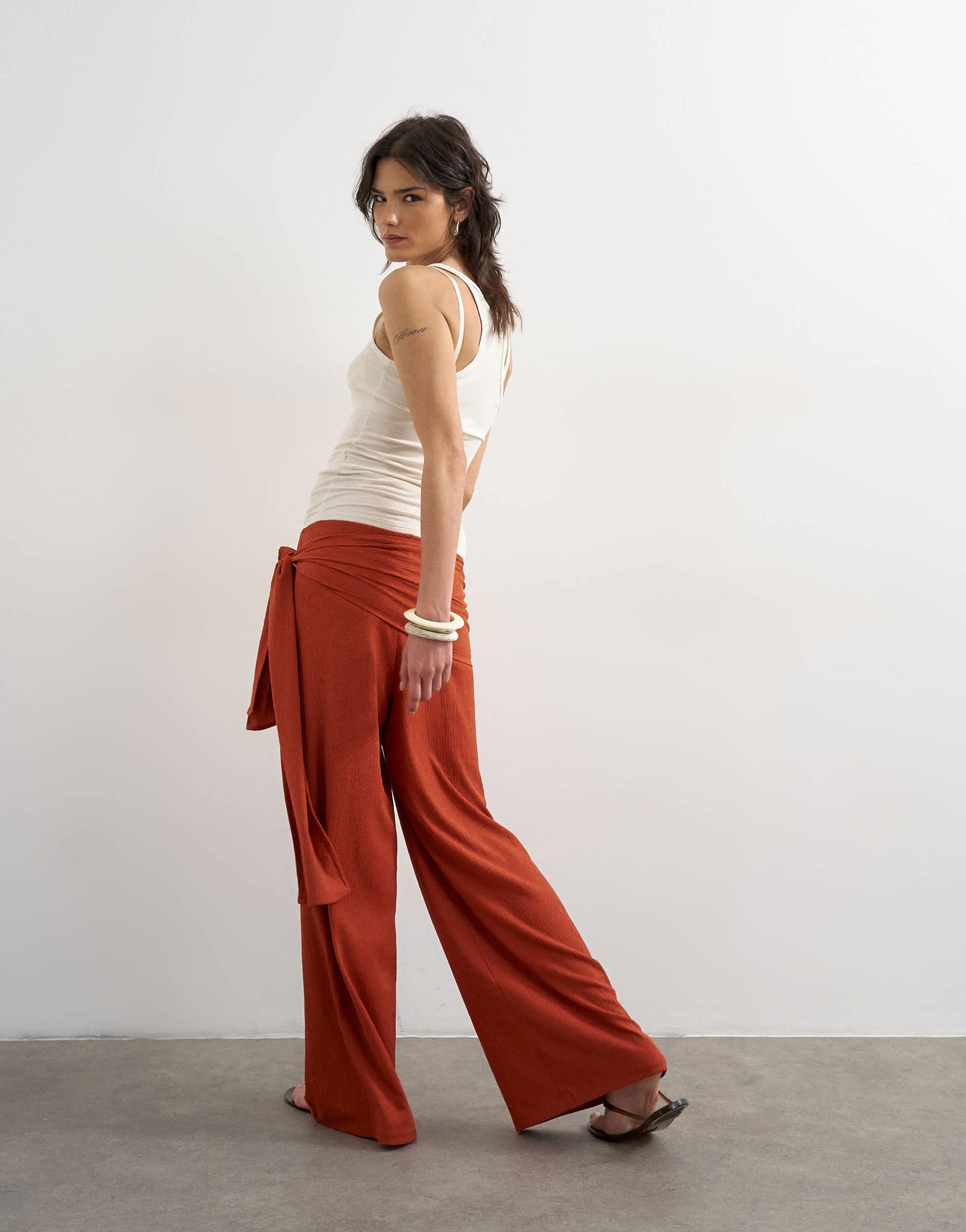 Topshop plisse wrap scarf detail trousers in rust