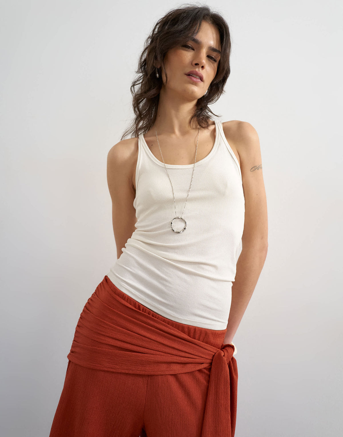 Topshop plisse wrap scarf detail trousers in rust