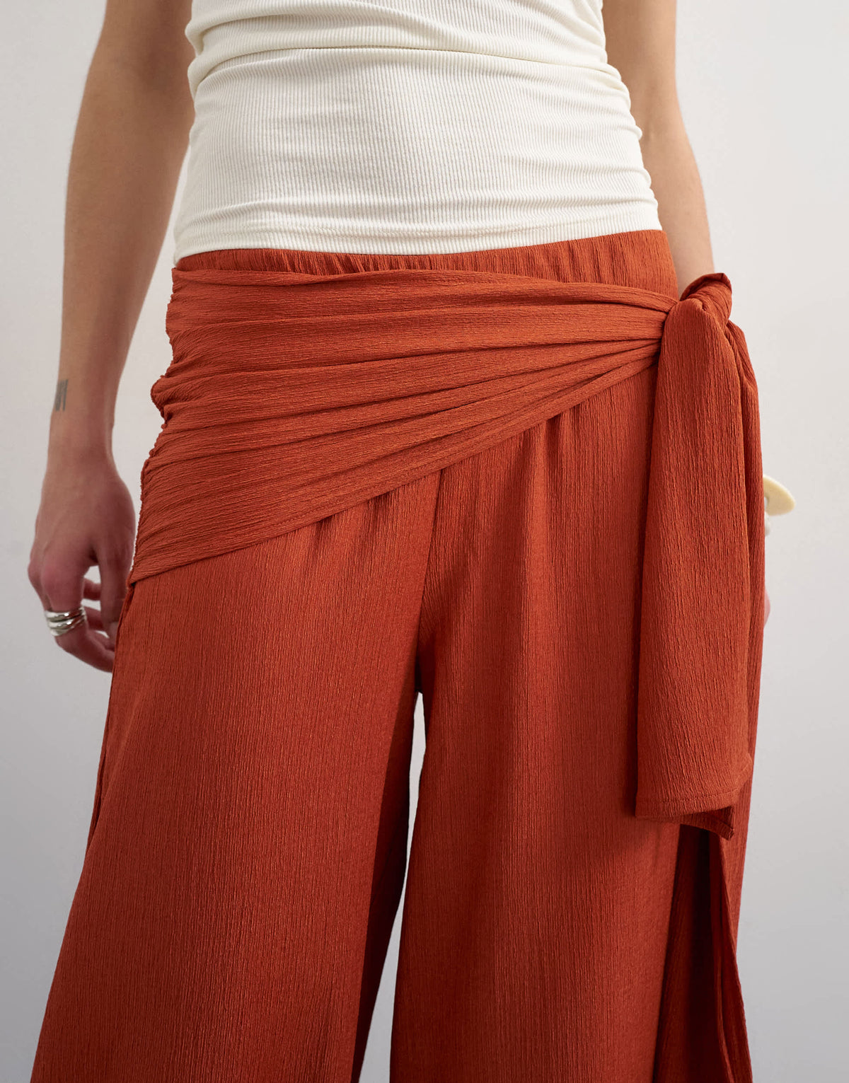 Topshop plisse wrap scarf detail trousers in rust