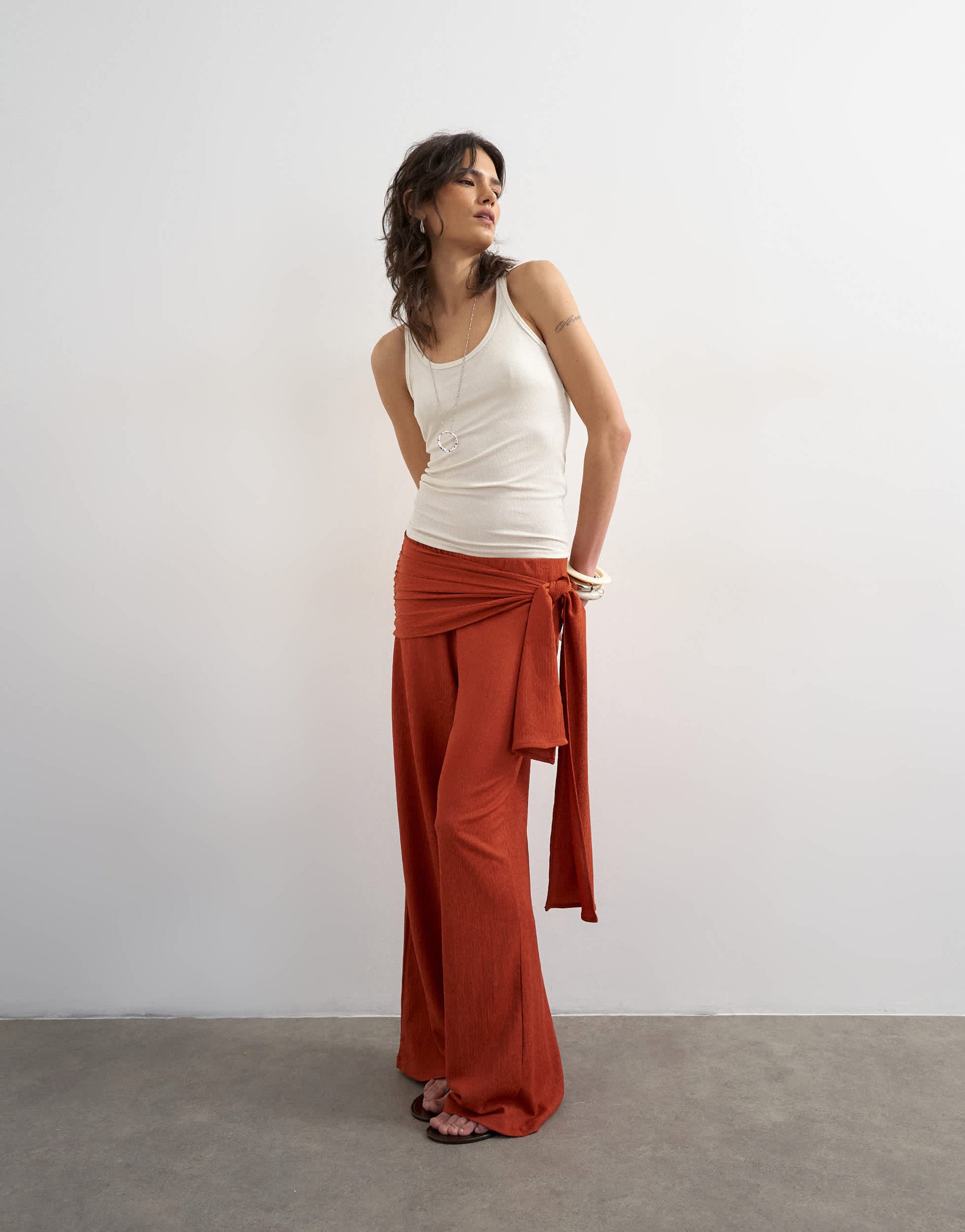 Topshop plisse wrap scarf detail trousers in rust