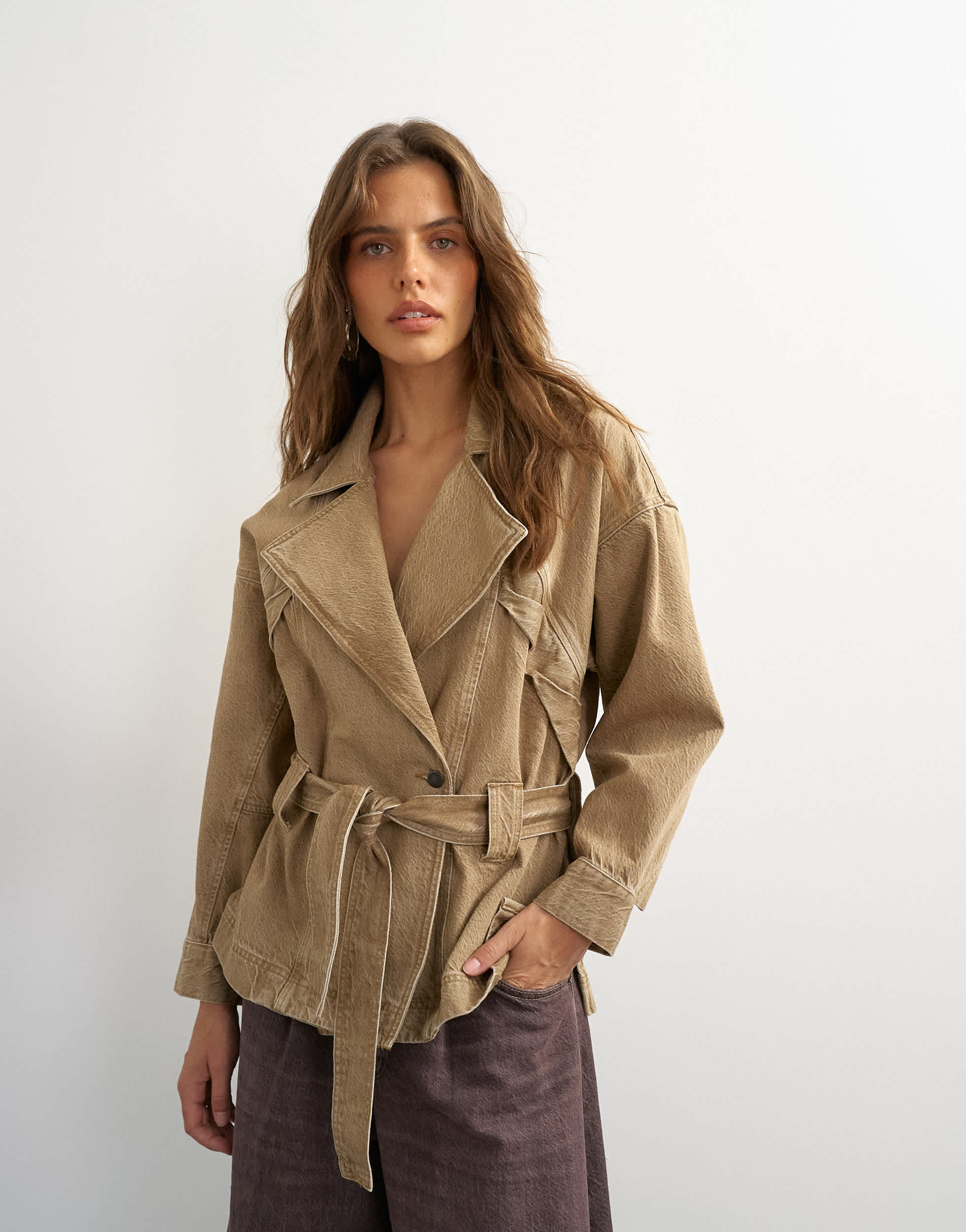 Topshop X Cara denim cropped trench jacket in washed beige