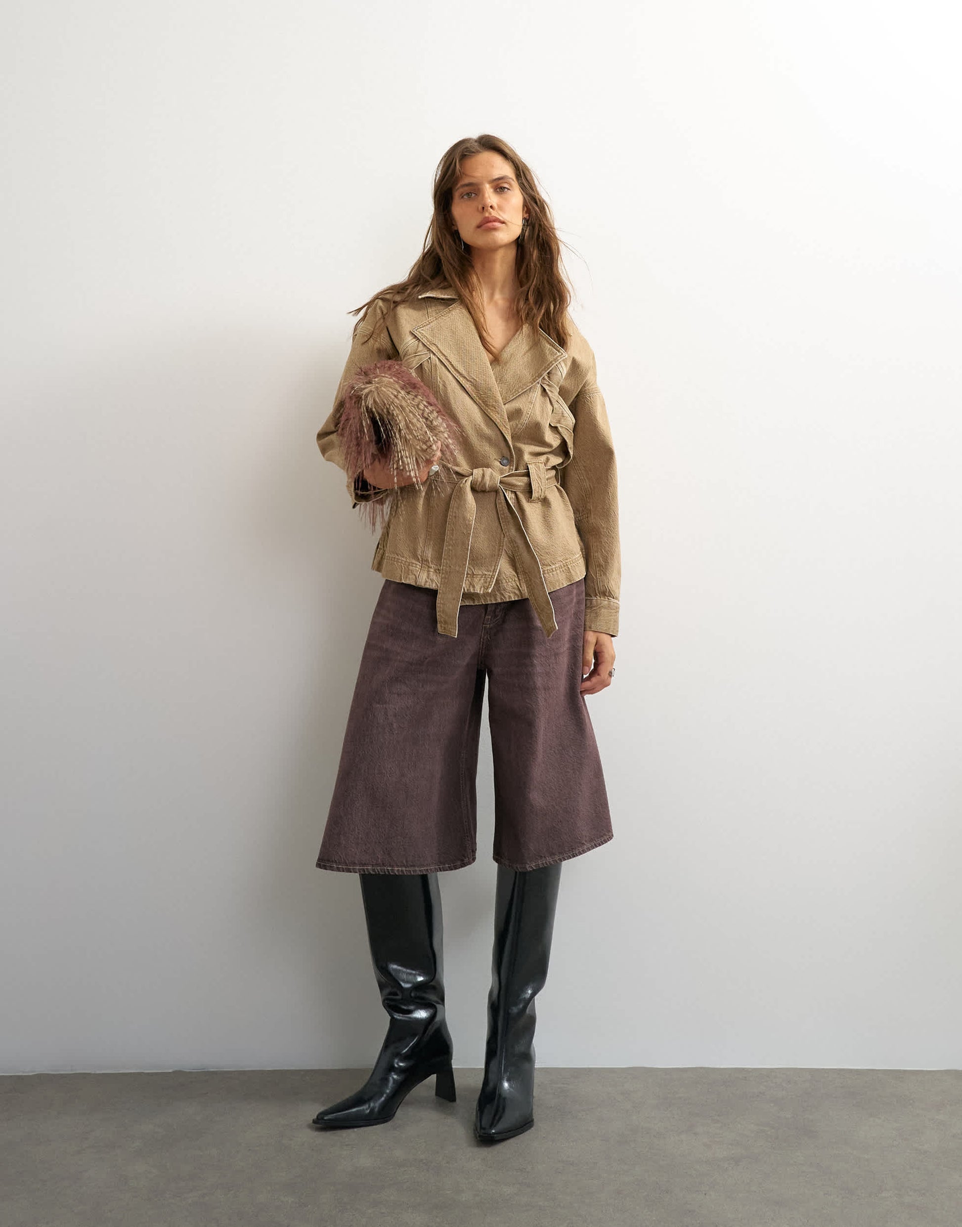 Topshop X Cara denim cropped trench jacket in washed beige