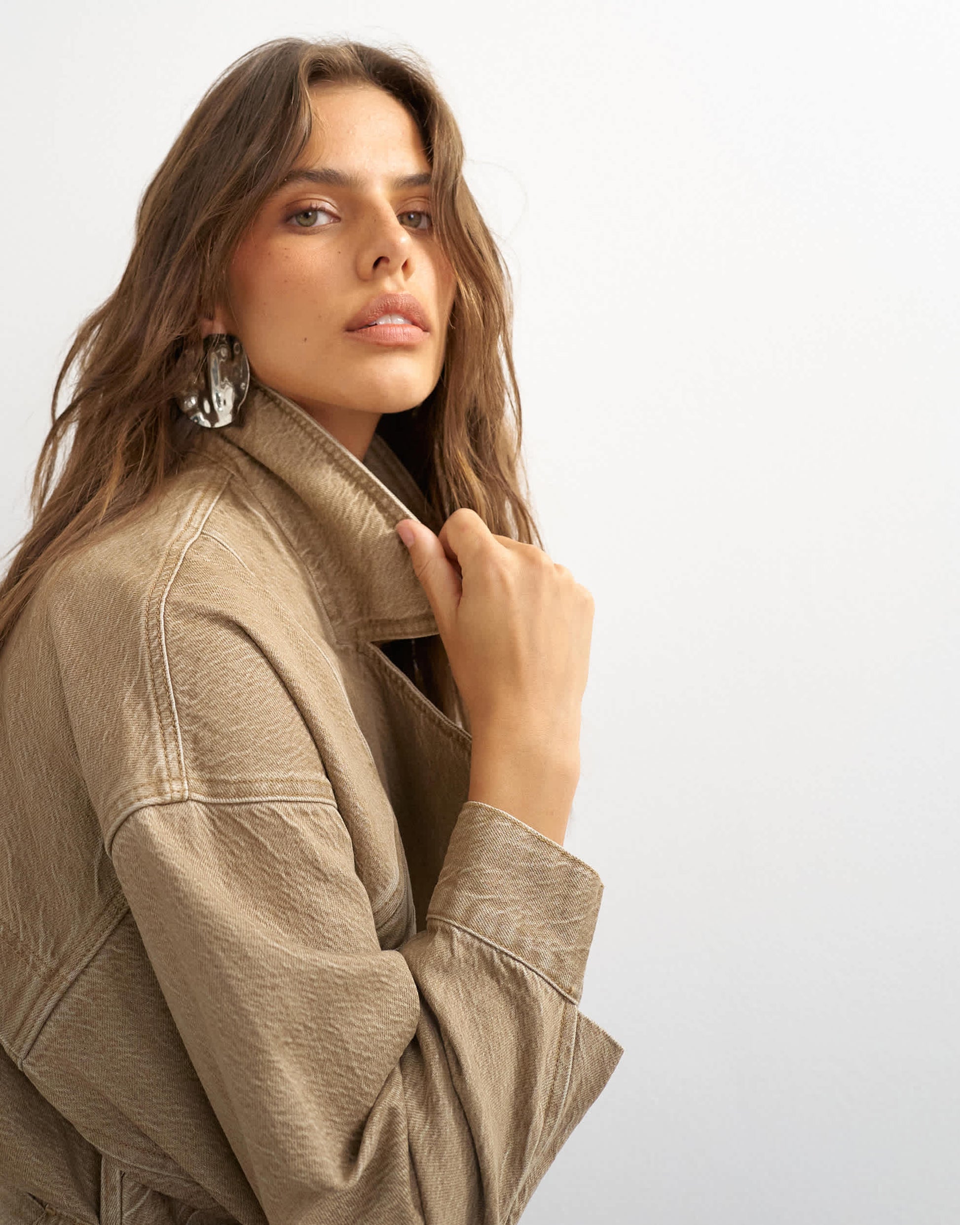 Topshop X Cara denim cropped trench jacket in washed beige