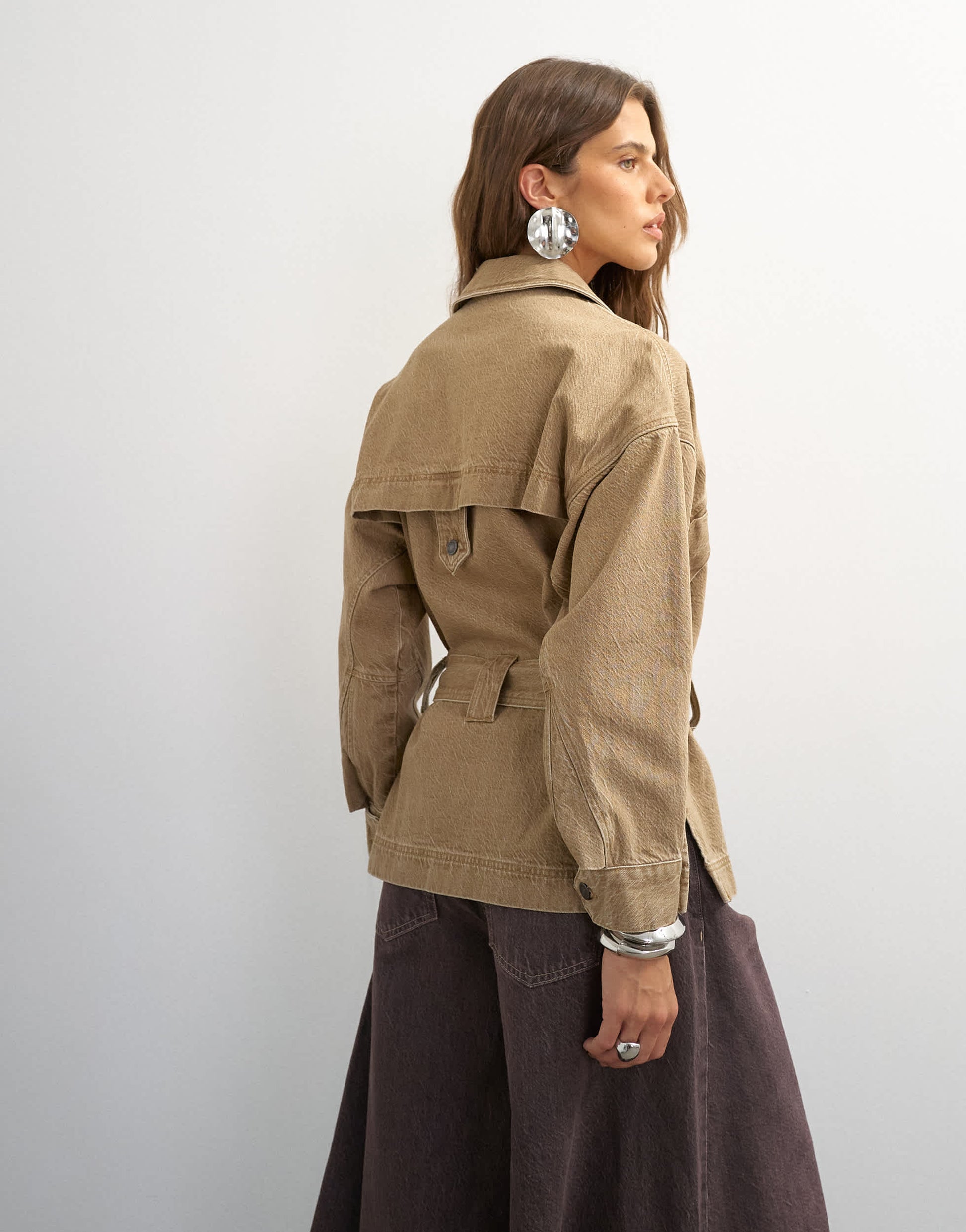 Topshop X Cara denim cropped trench jacket in washed beige
