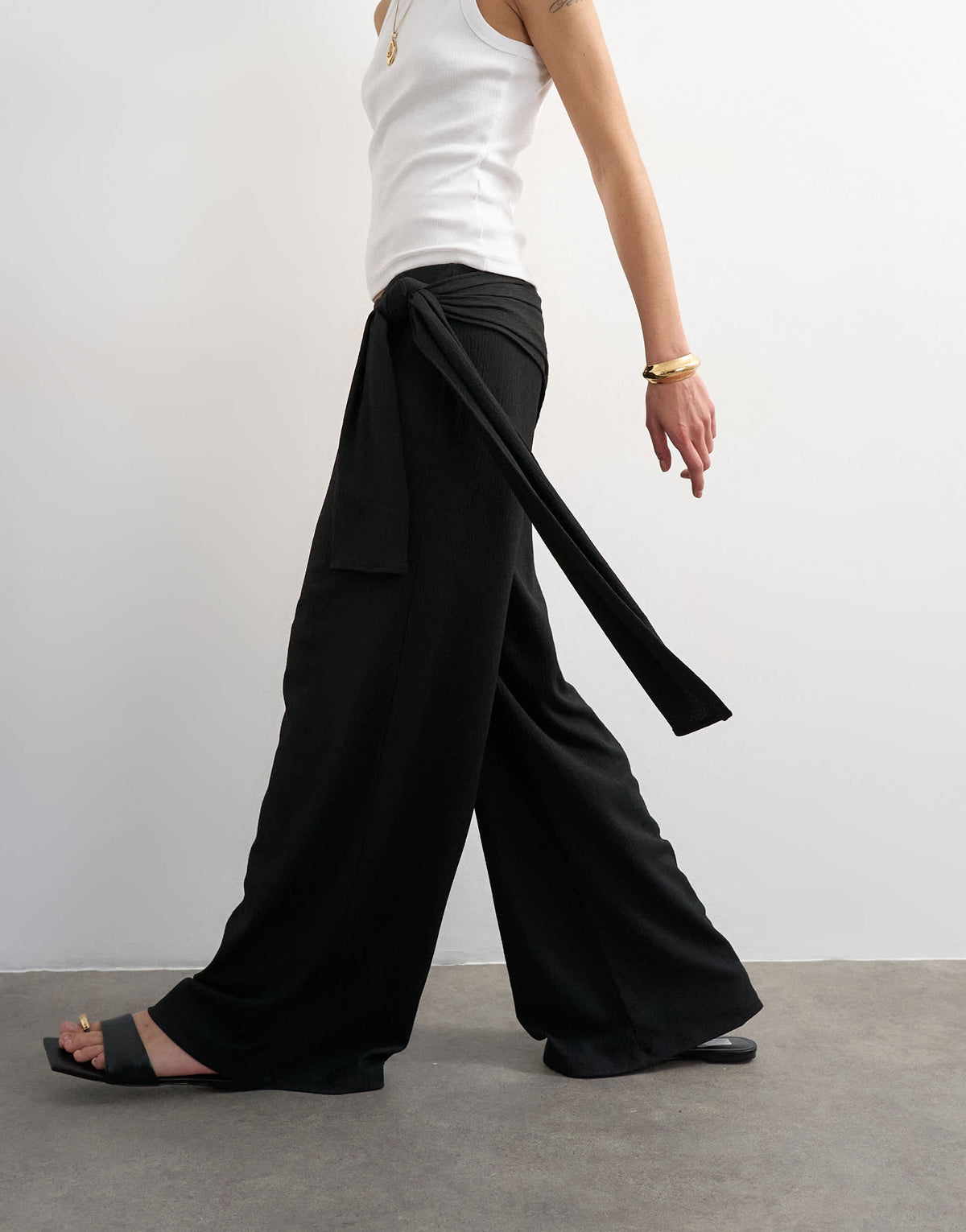 Topshop plisse wrap scarf detail trousers in black