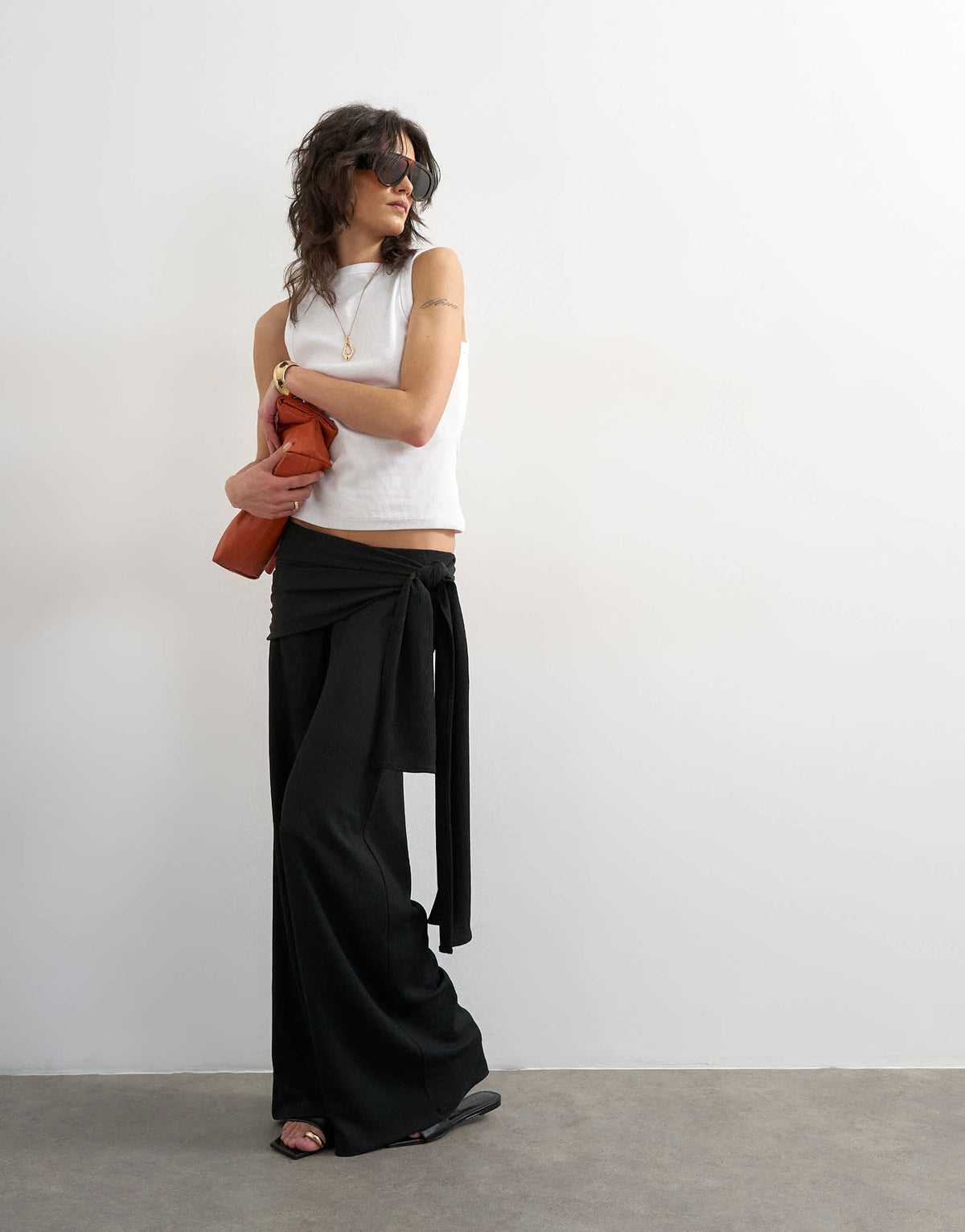Topshop plisse wrap scarf detail trousers in black