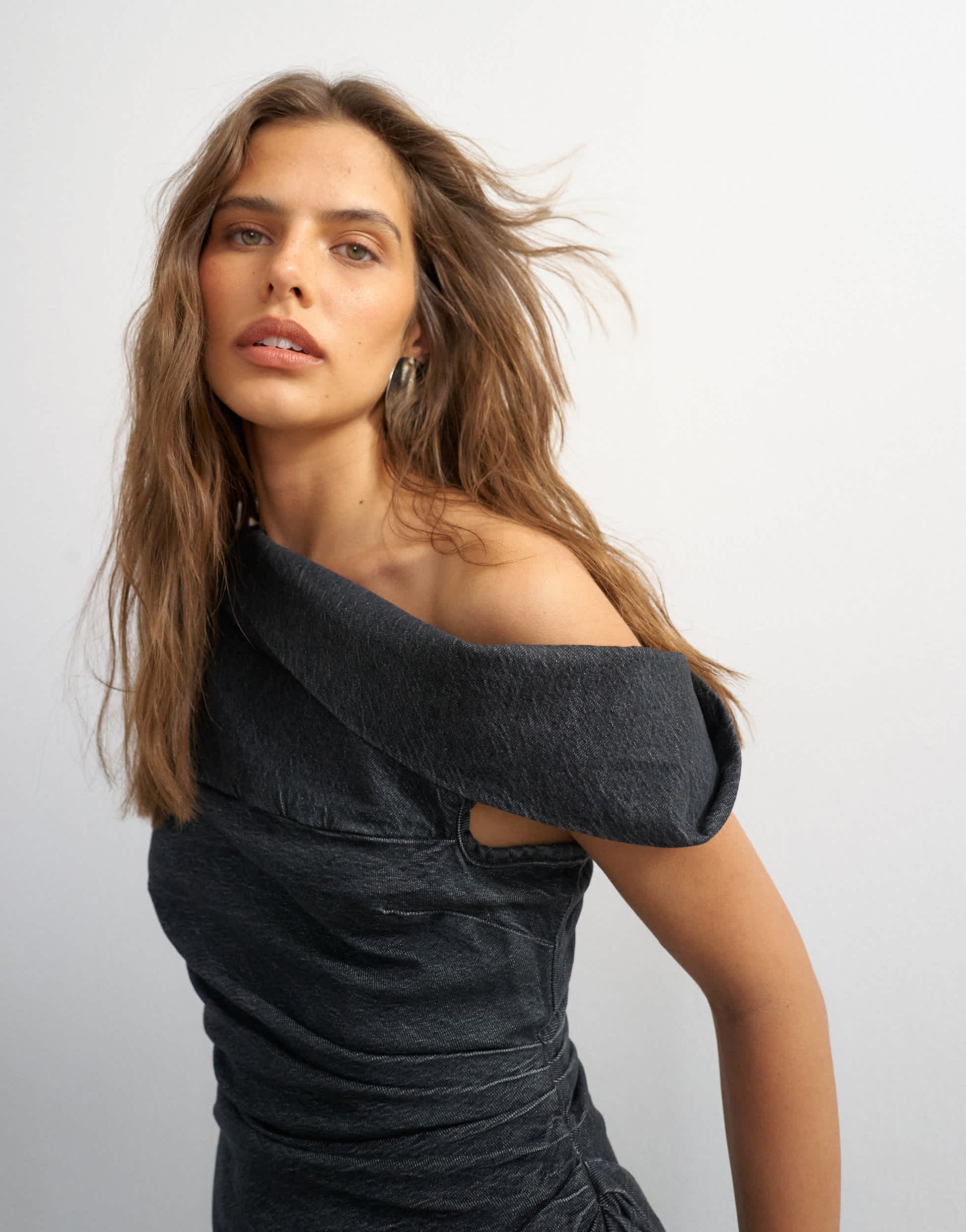 Topshop X Cara denim asymmetric off shoulder mini dress in washed black