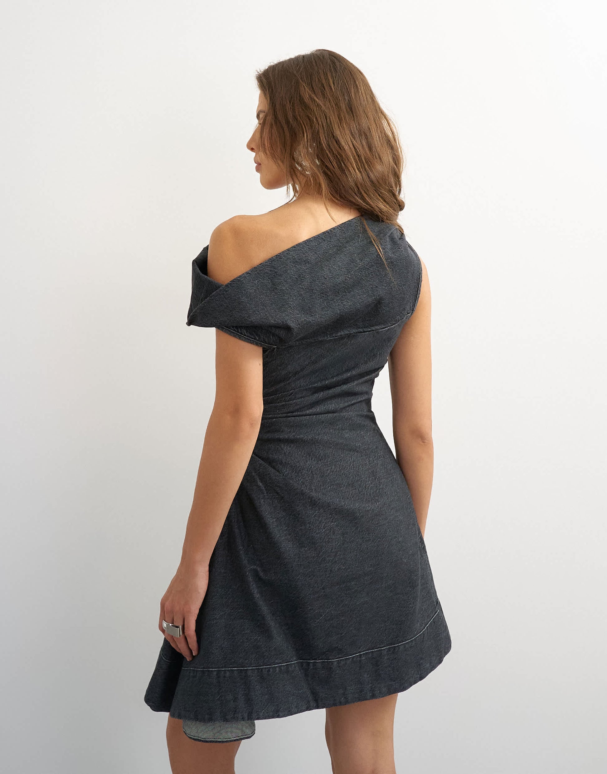 Topshop X Cara denim asymmetric off shoulder mini dress in washed black