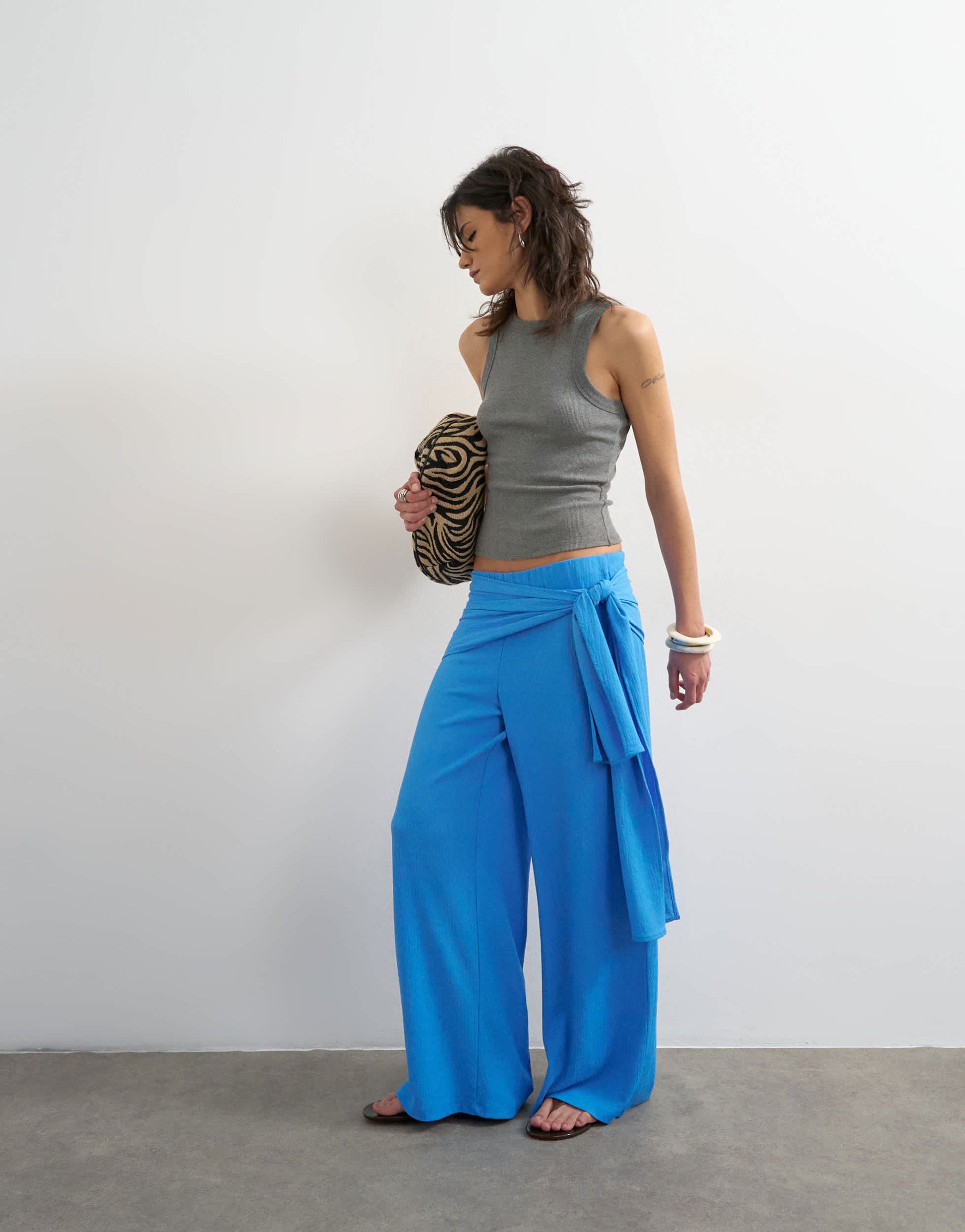 Topshop plisse wrap scarf detail trousers in blue