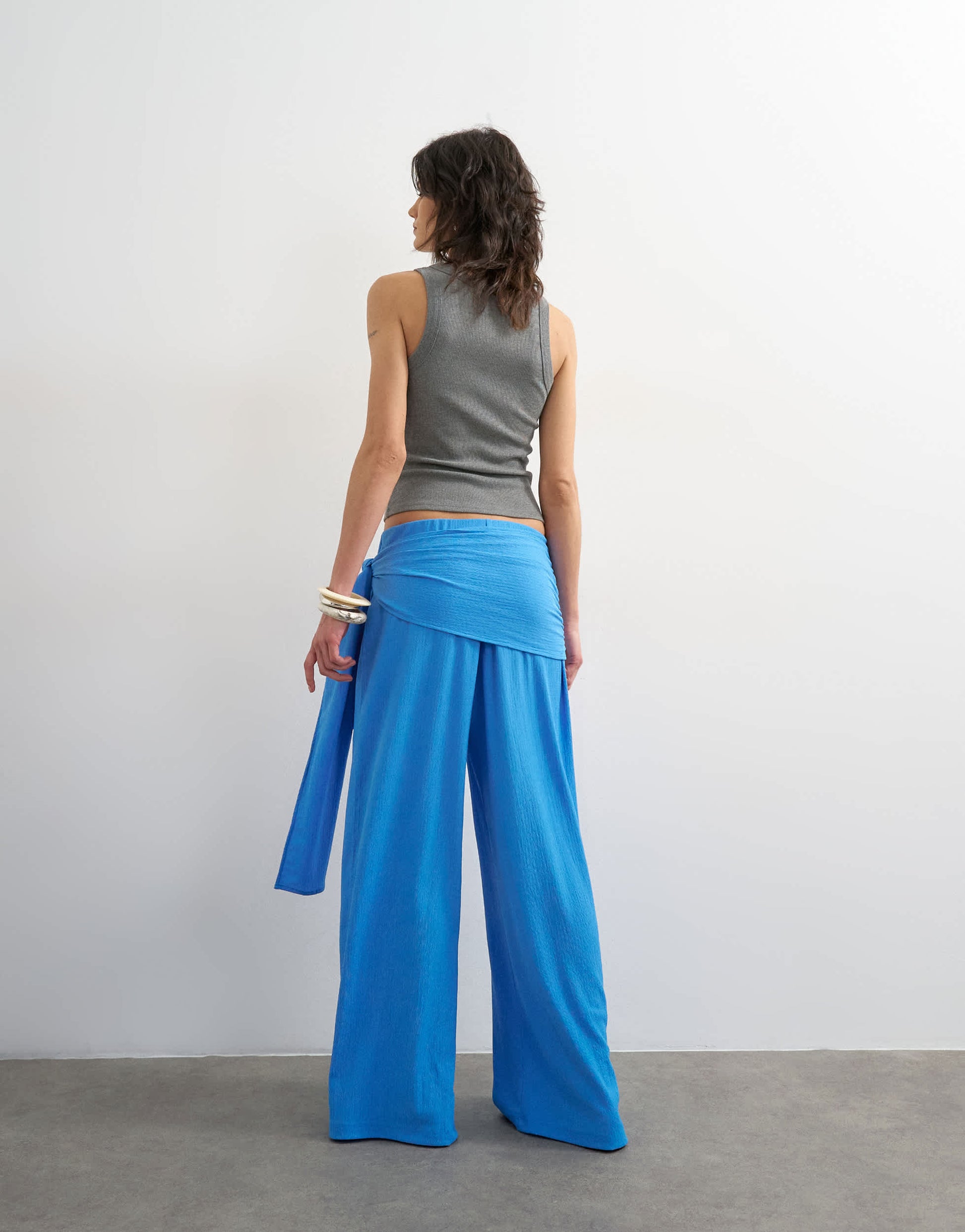Topshop plisse wrap scarf detail trousers in blue