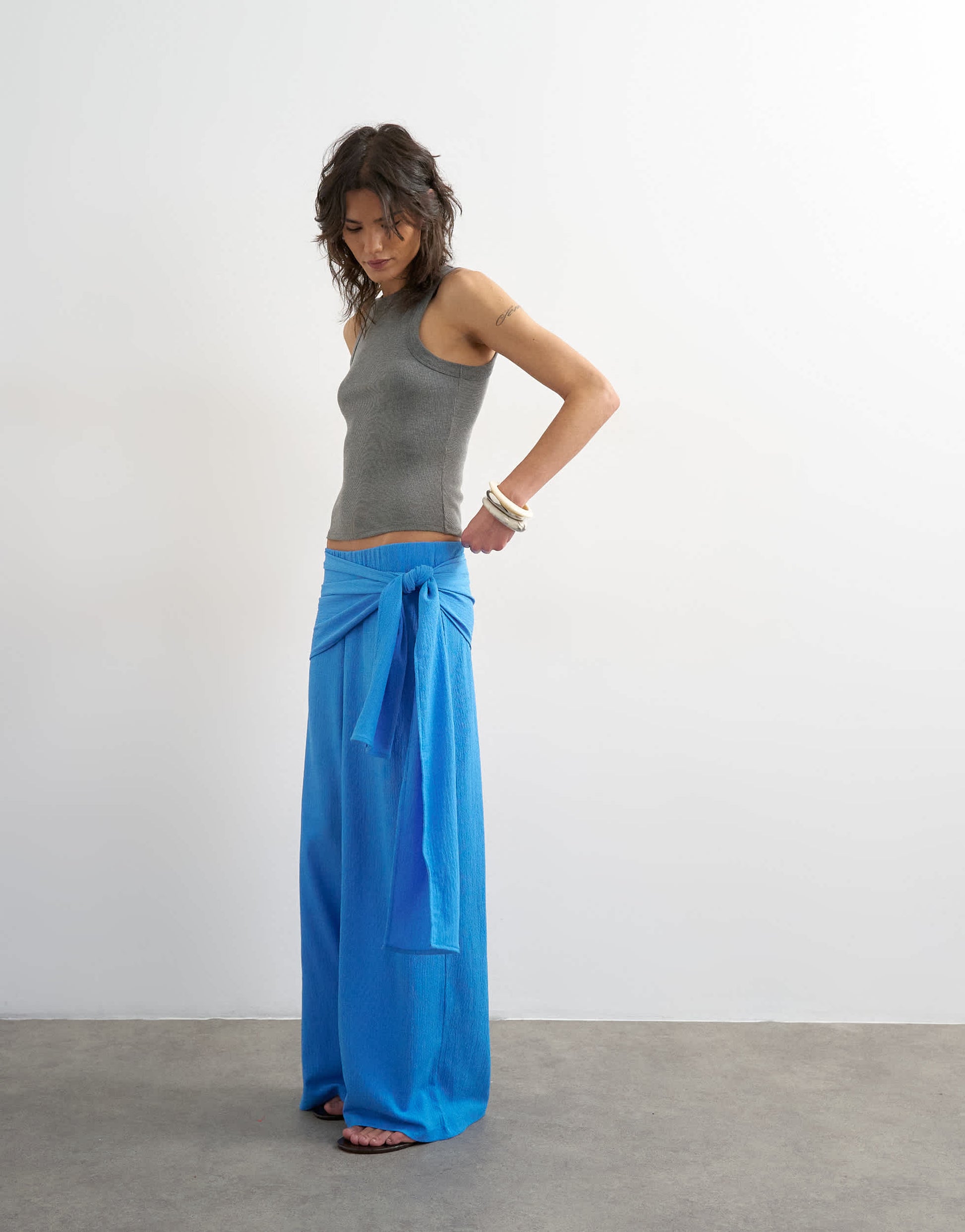 Topshop plisse wrap scarf detail trousers in blue