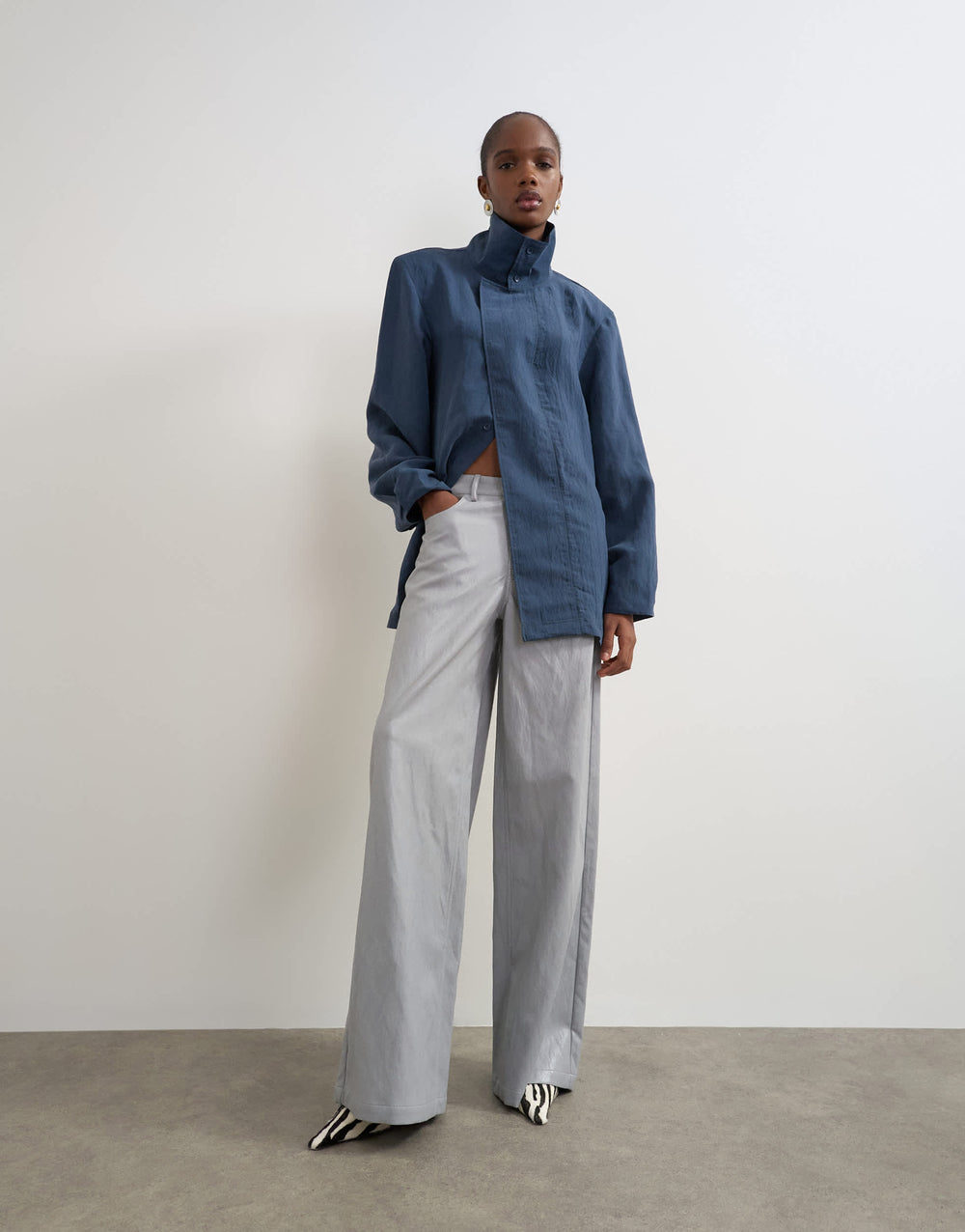 Topshop faux leather mid rise wide leg trousers in light grey