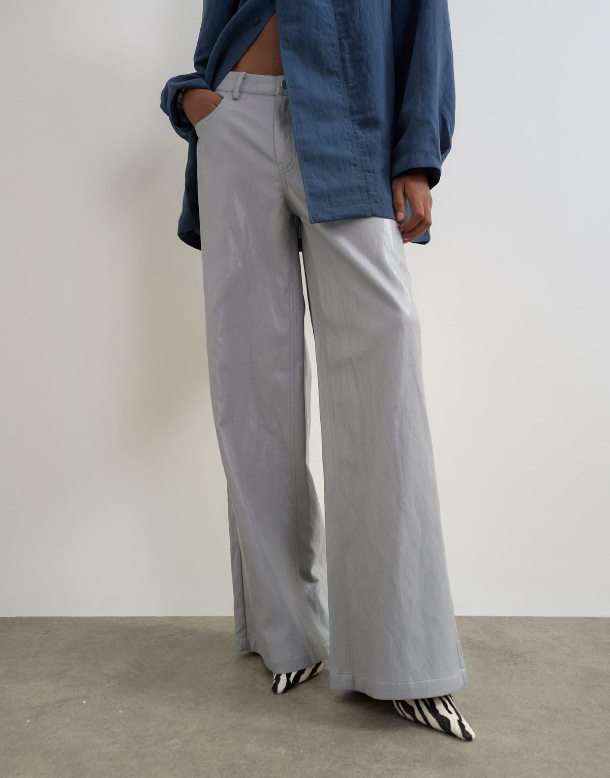 Topshop faux leather mid rise wide leg trousers in light grey