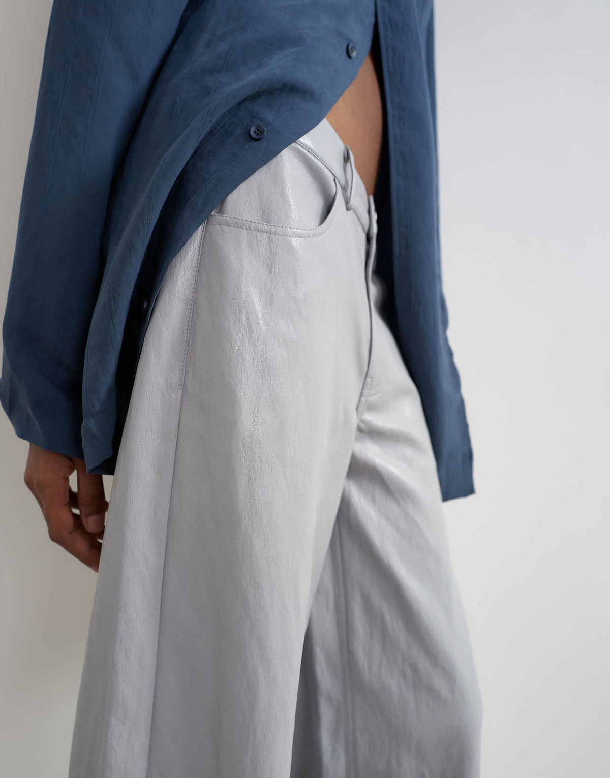 Topshop faux leather mid rise wide leg trousers in light grey