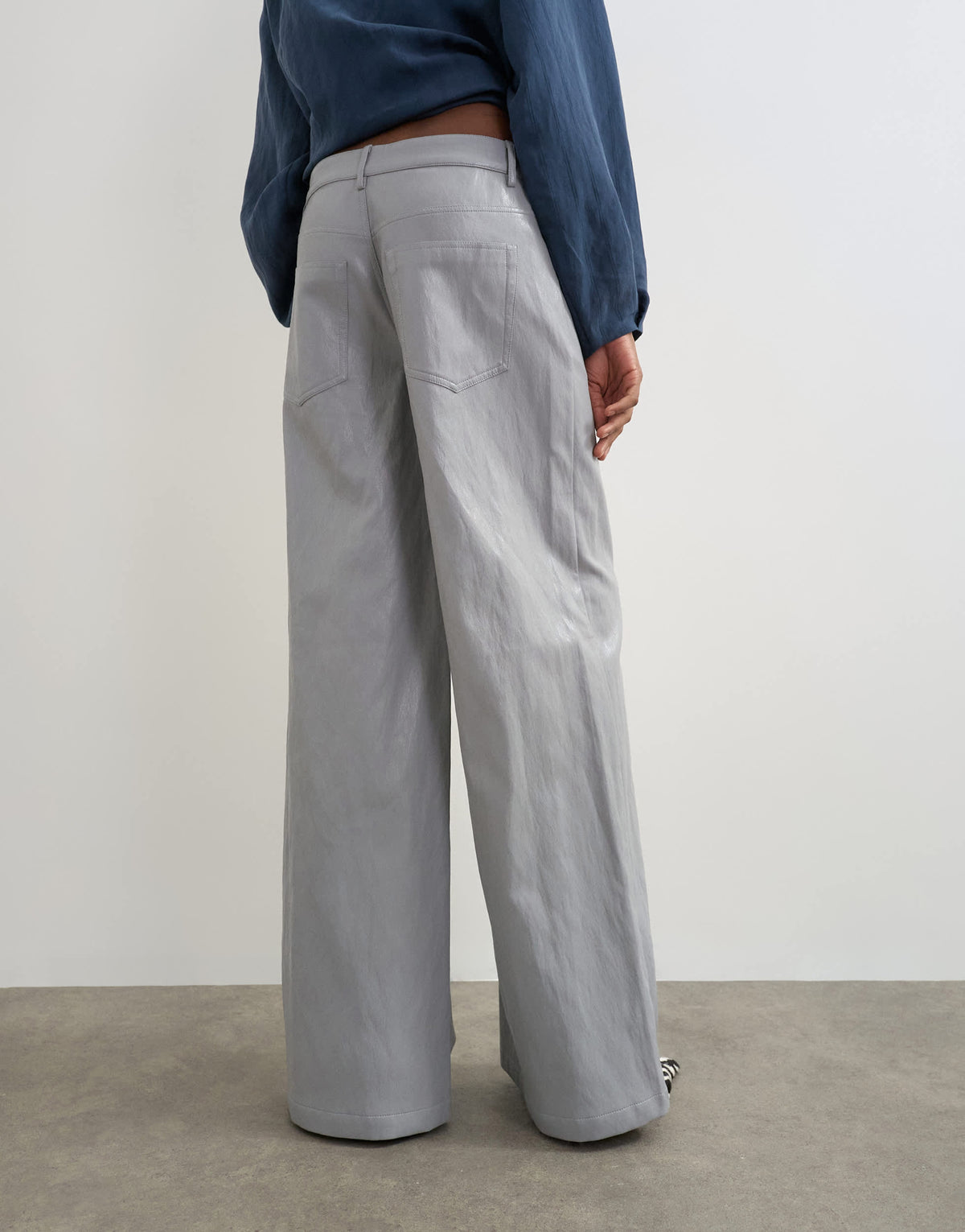 Topshop faux leather mid rise wide leg trousers in light grey