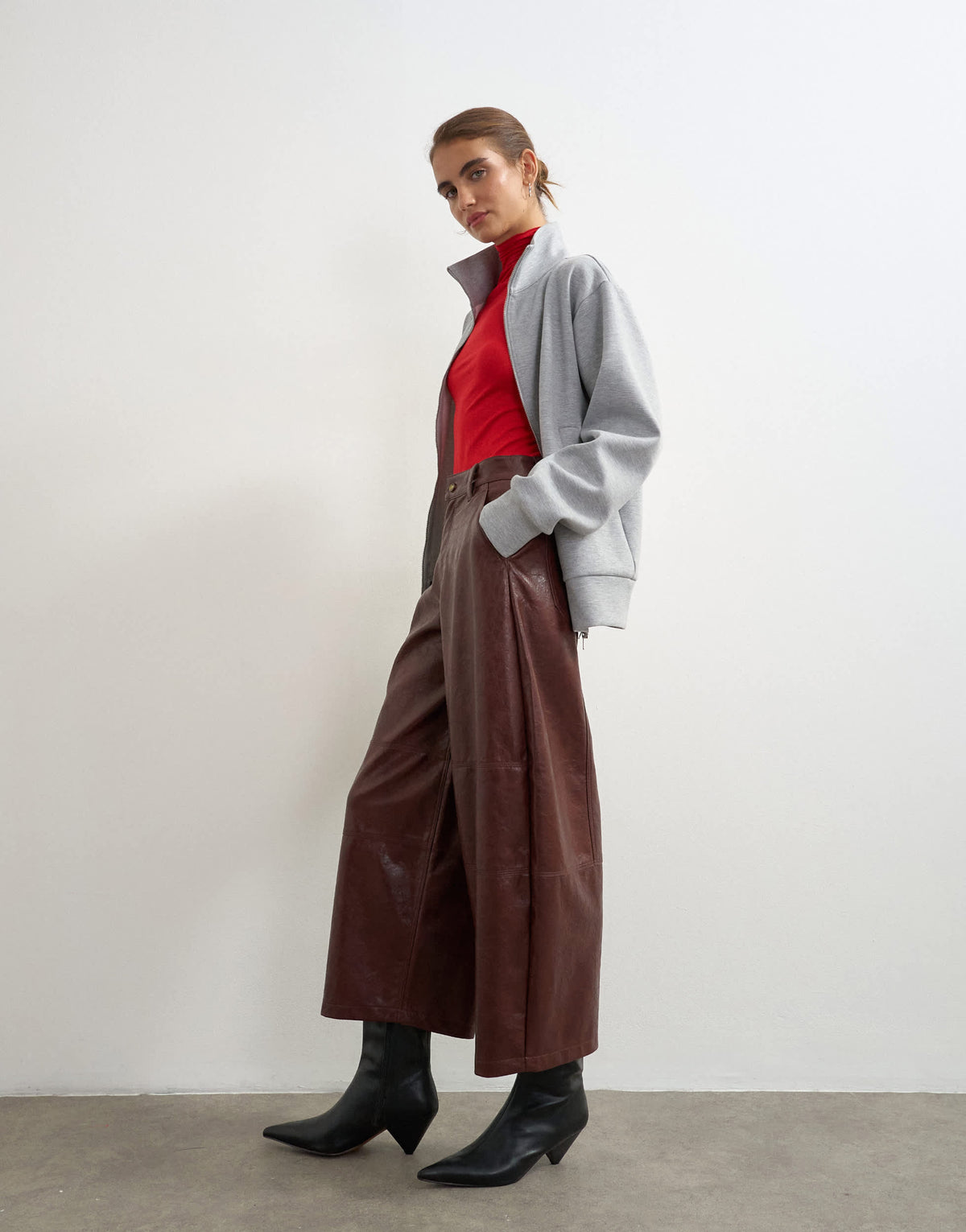 Topshop faux leather barrel trousers in brown