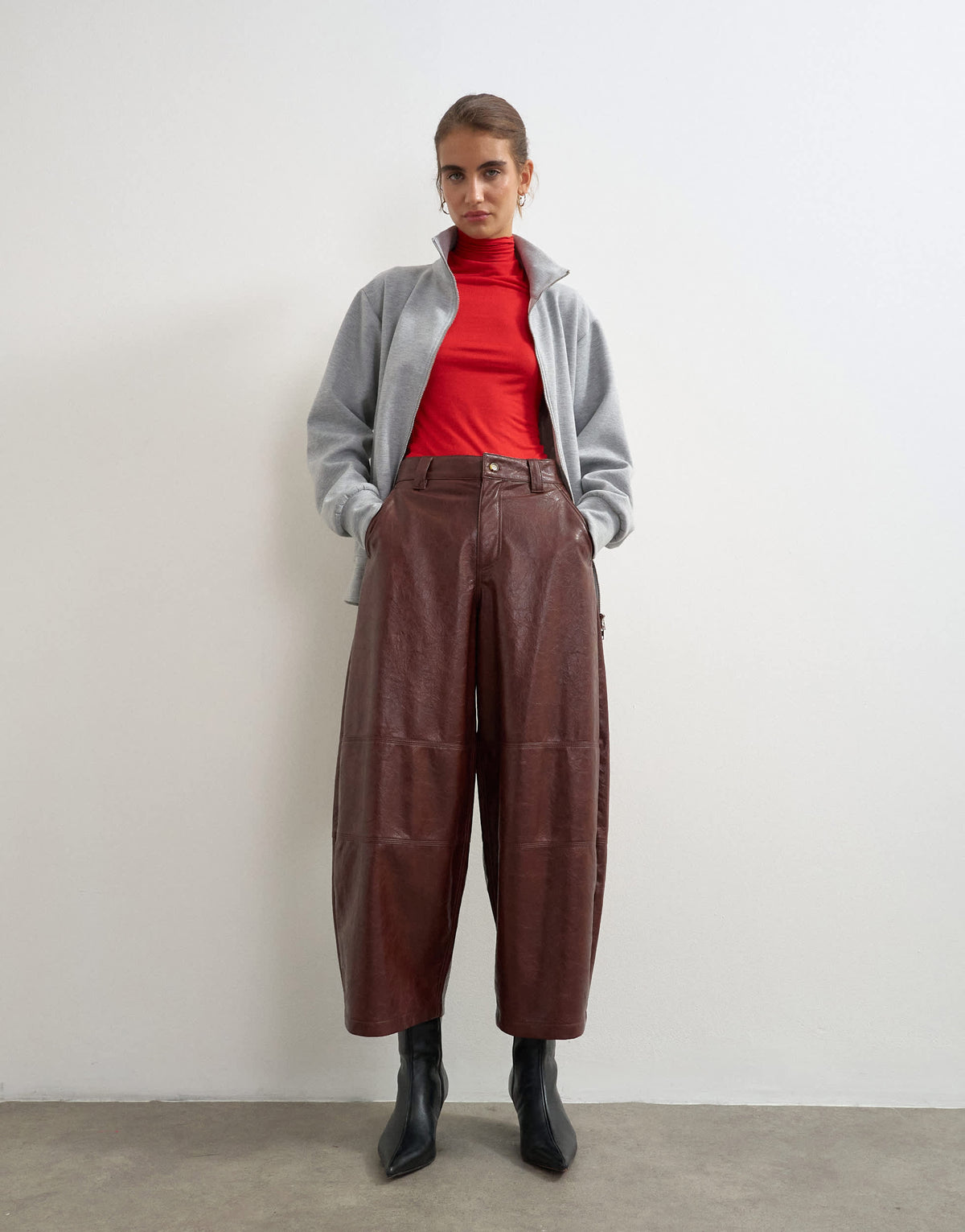 Topshop faux leather barrel trousers in brown