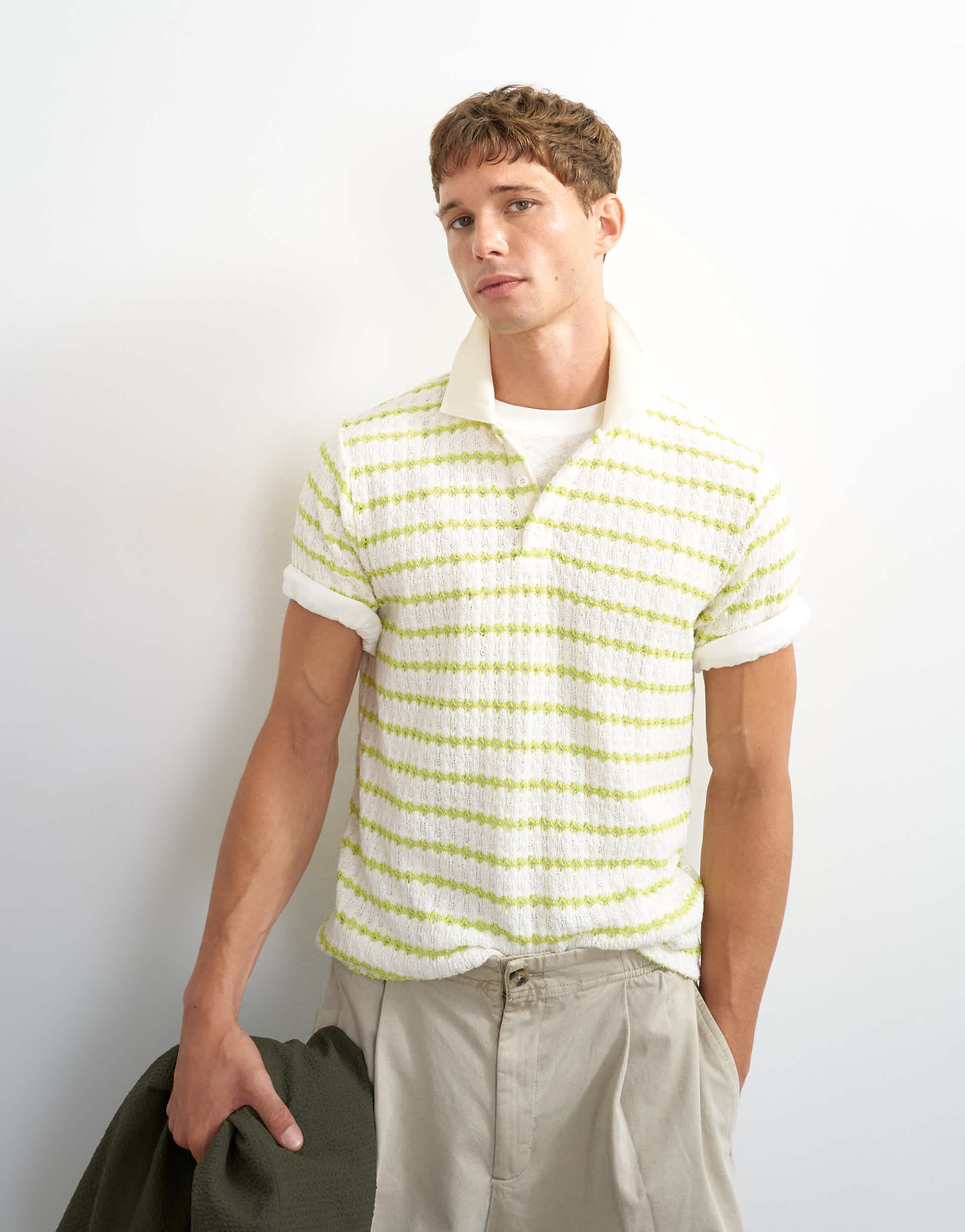 Topman classic fit crochet striped polo in ecru