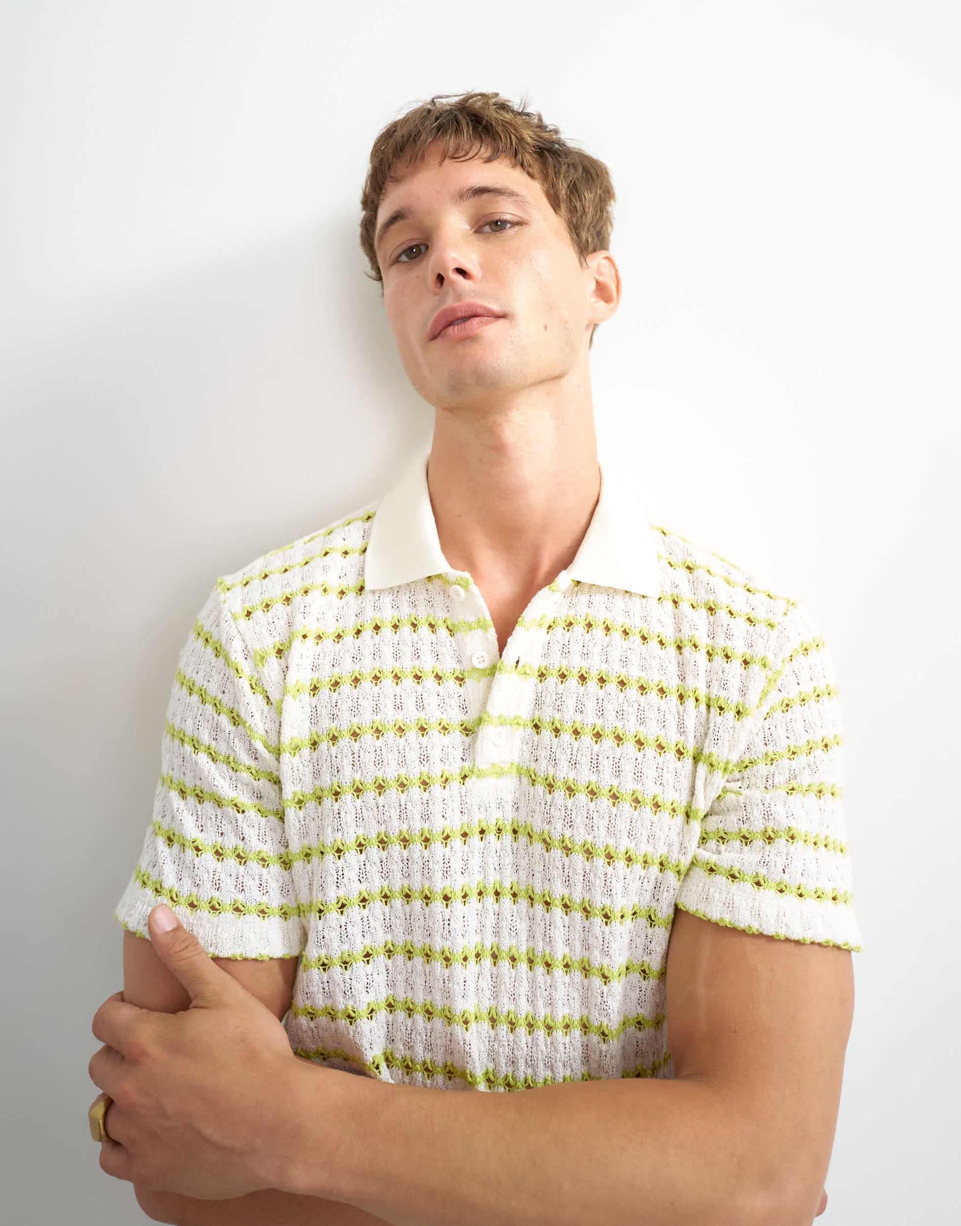 Topman classic fit crochet striped polo in ecru
