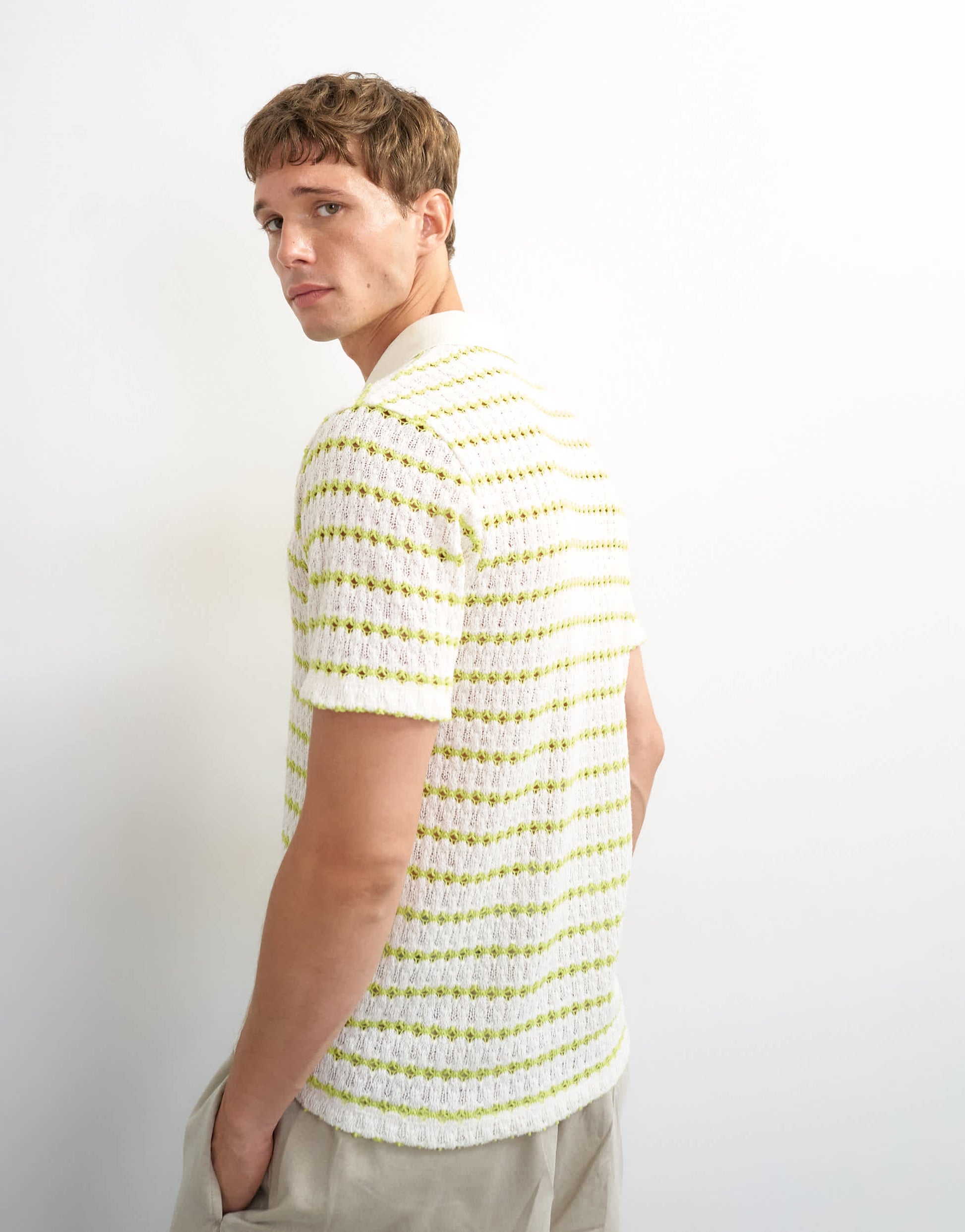 Topman classic fit crochet striped polo in ecru