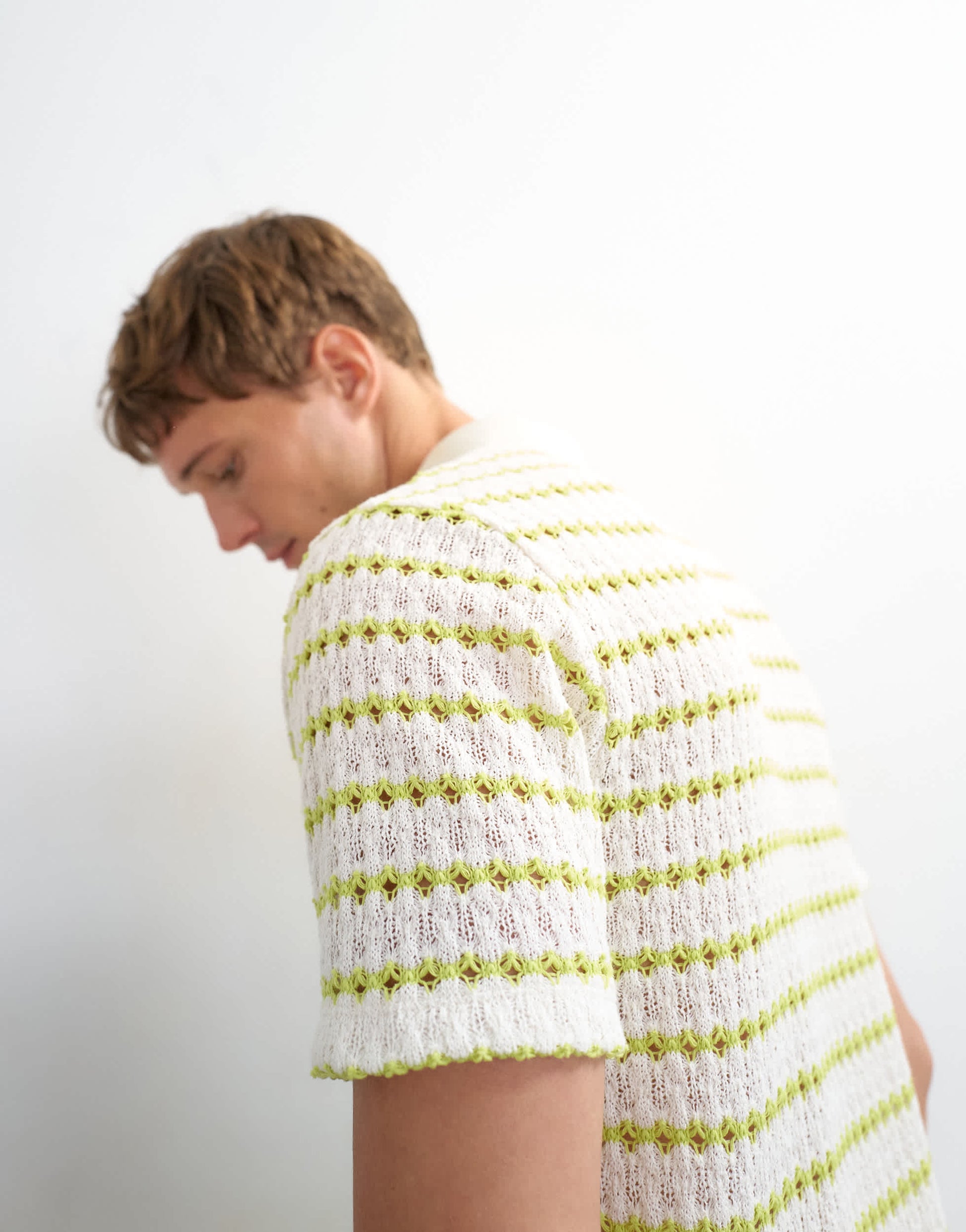 Topman classic fit crochet striped polo in ecru