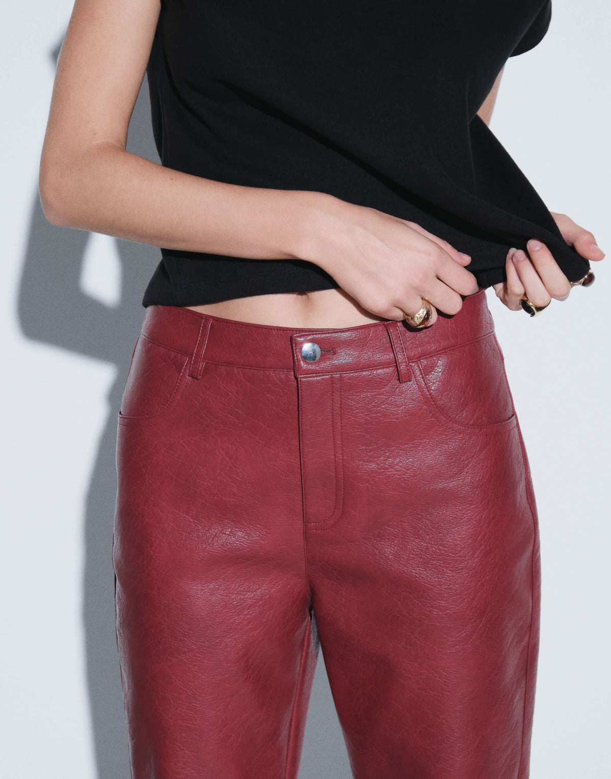 Topshop faux leather straight leg trousers in cherry