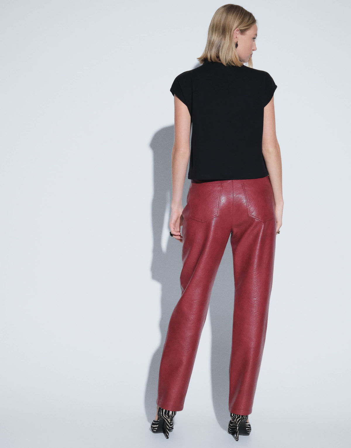 Topshop faux leather straight leg trousers in cherry