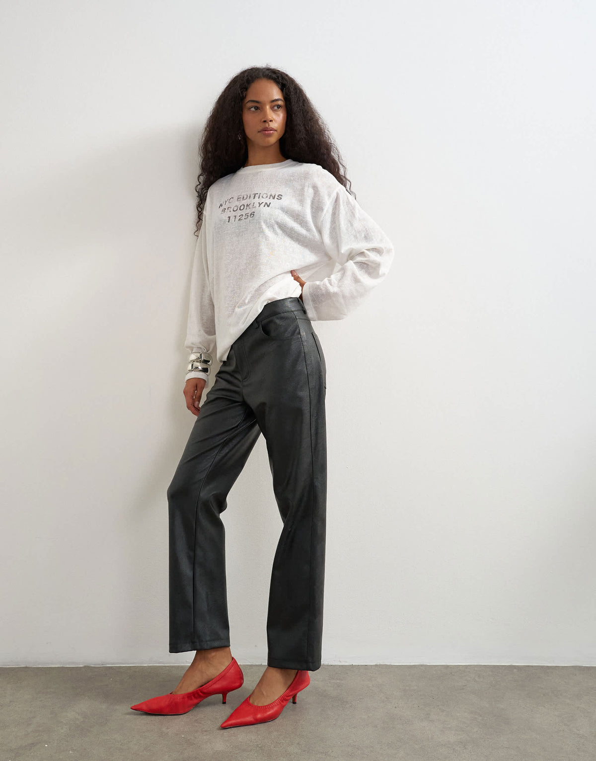 Topshop faux leather straight leg trousers in black
