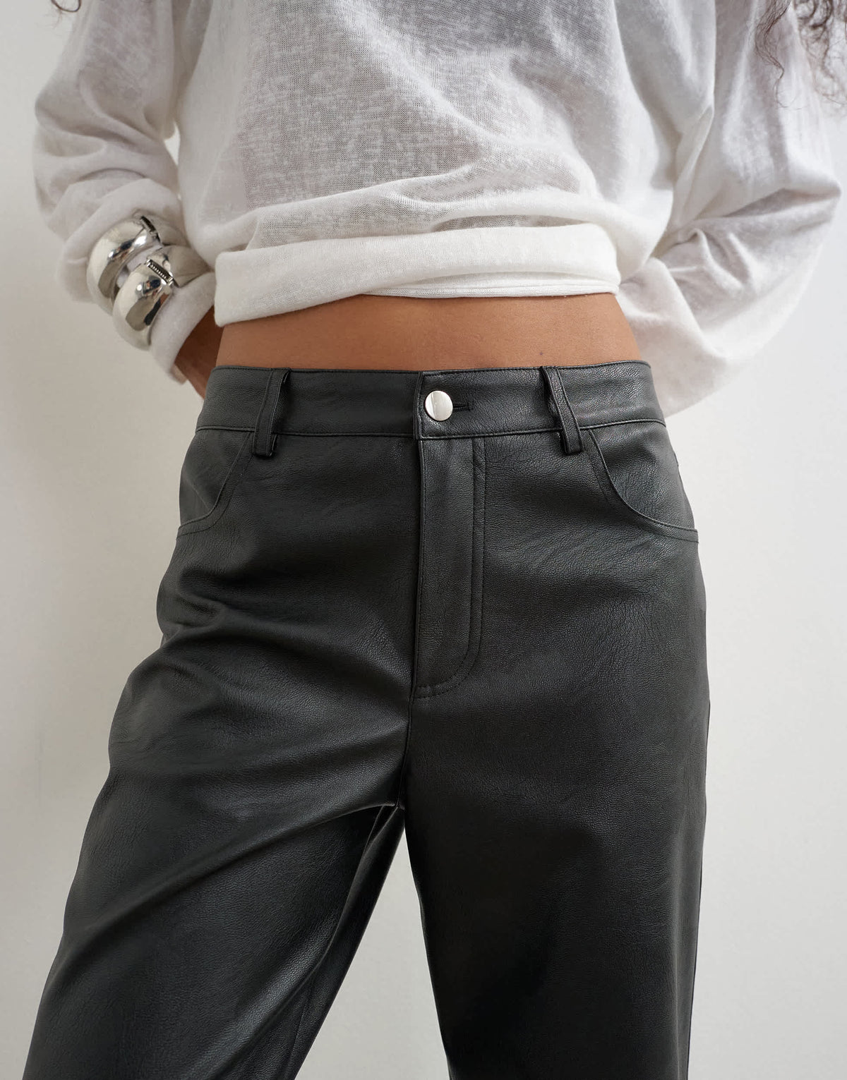 Topshop faux leather straight leg trousers in black