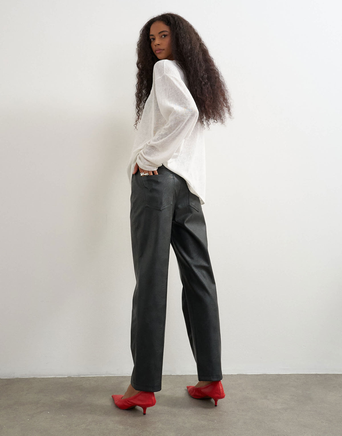 Topshop faux leather straight leg trousers in black