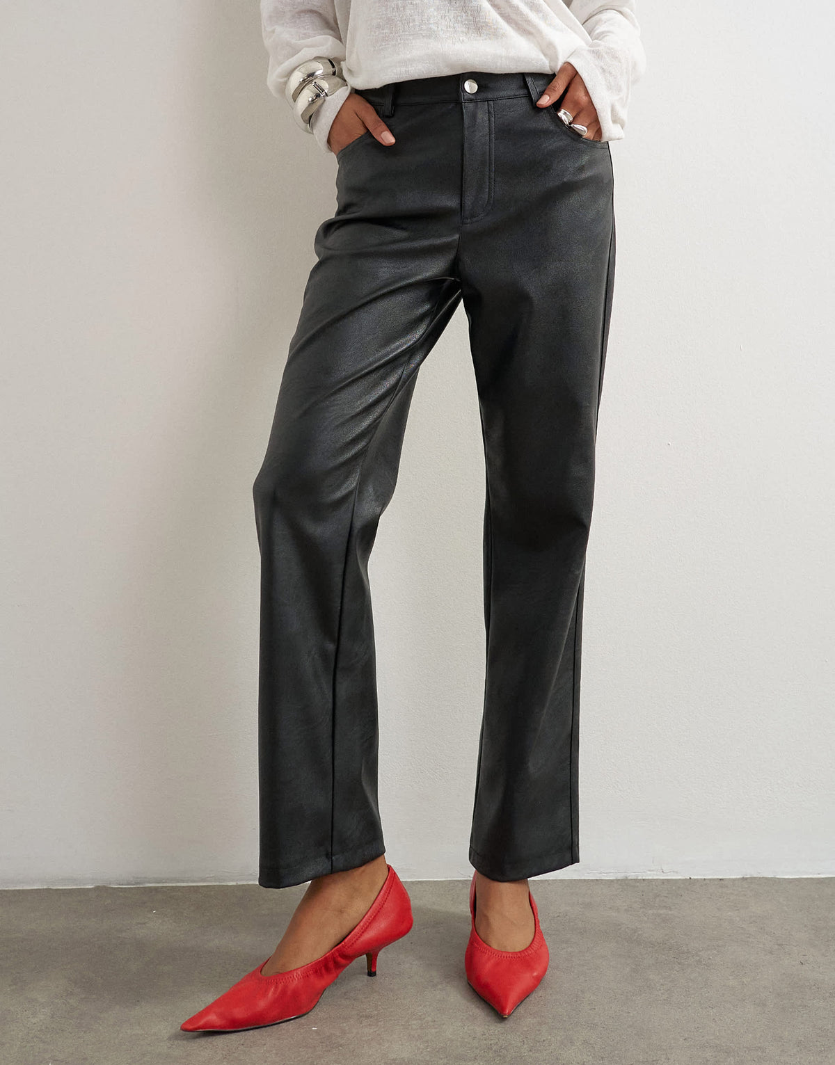 Topshop faux leather straight leg trousers in black