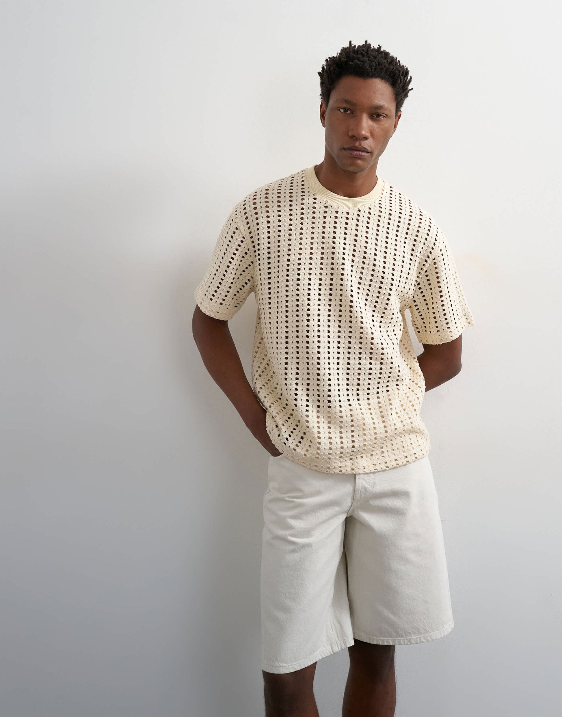 Topman relaxed fit crochet t shirt in ecru