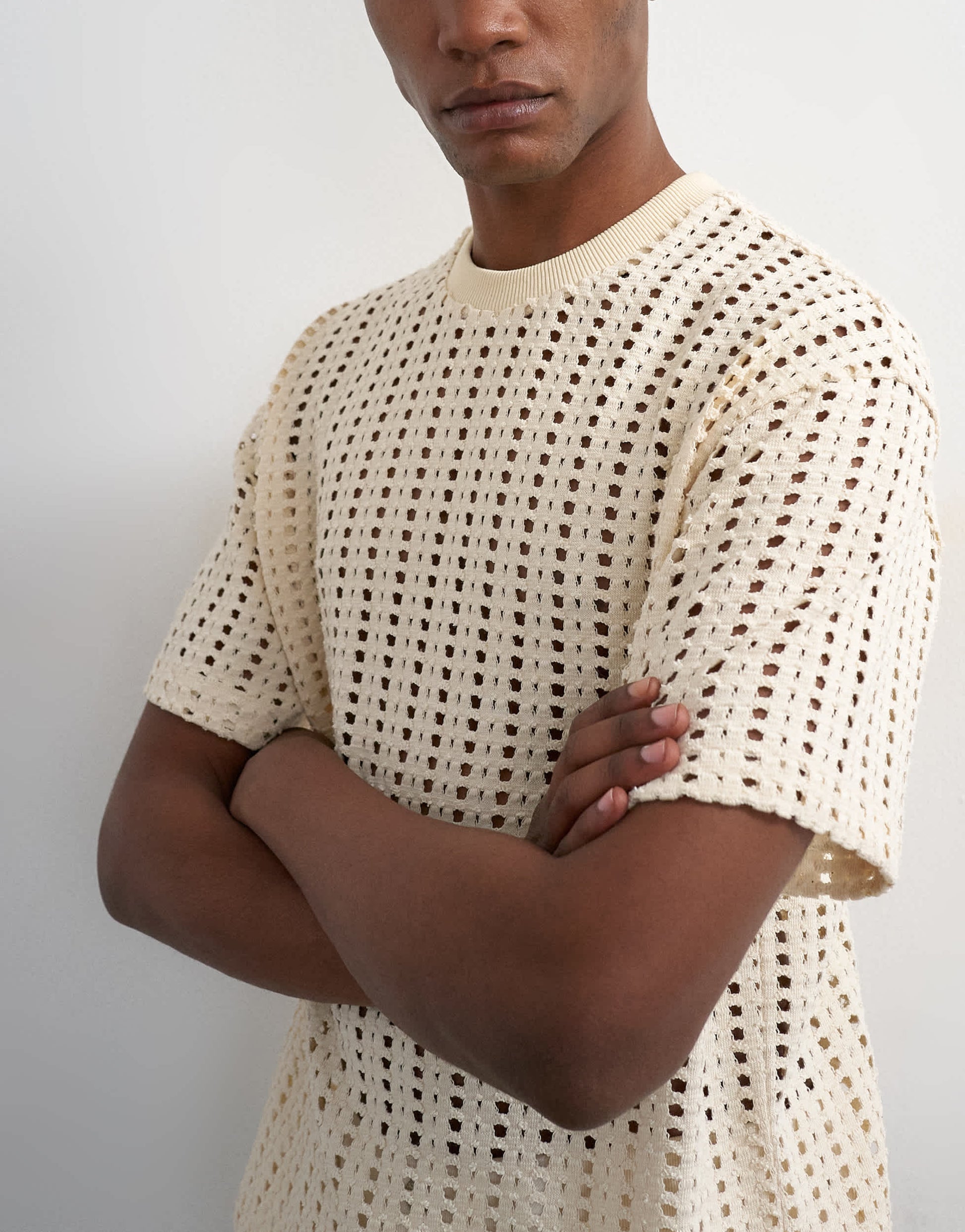 Topman relaxed fit crochet t shirt in ecru