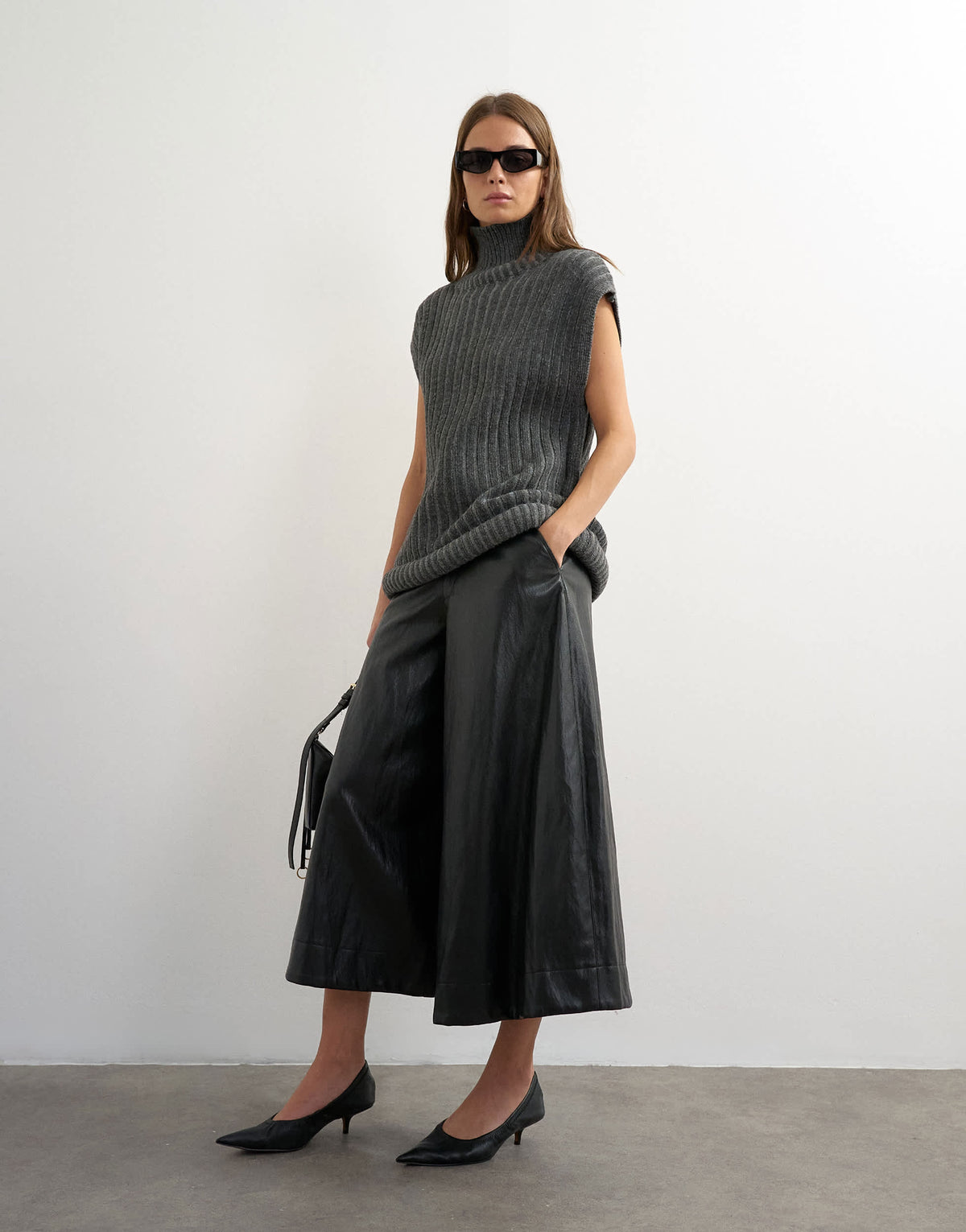 Topshop faux leather a line culotte trousers in black