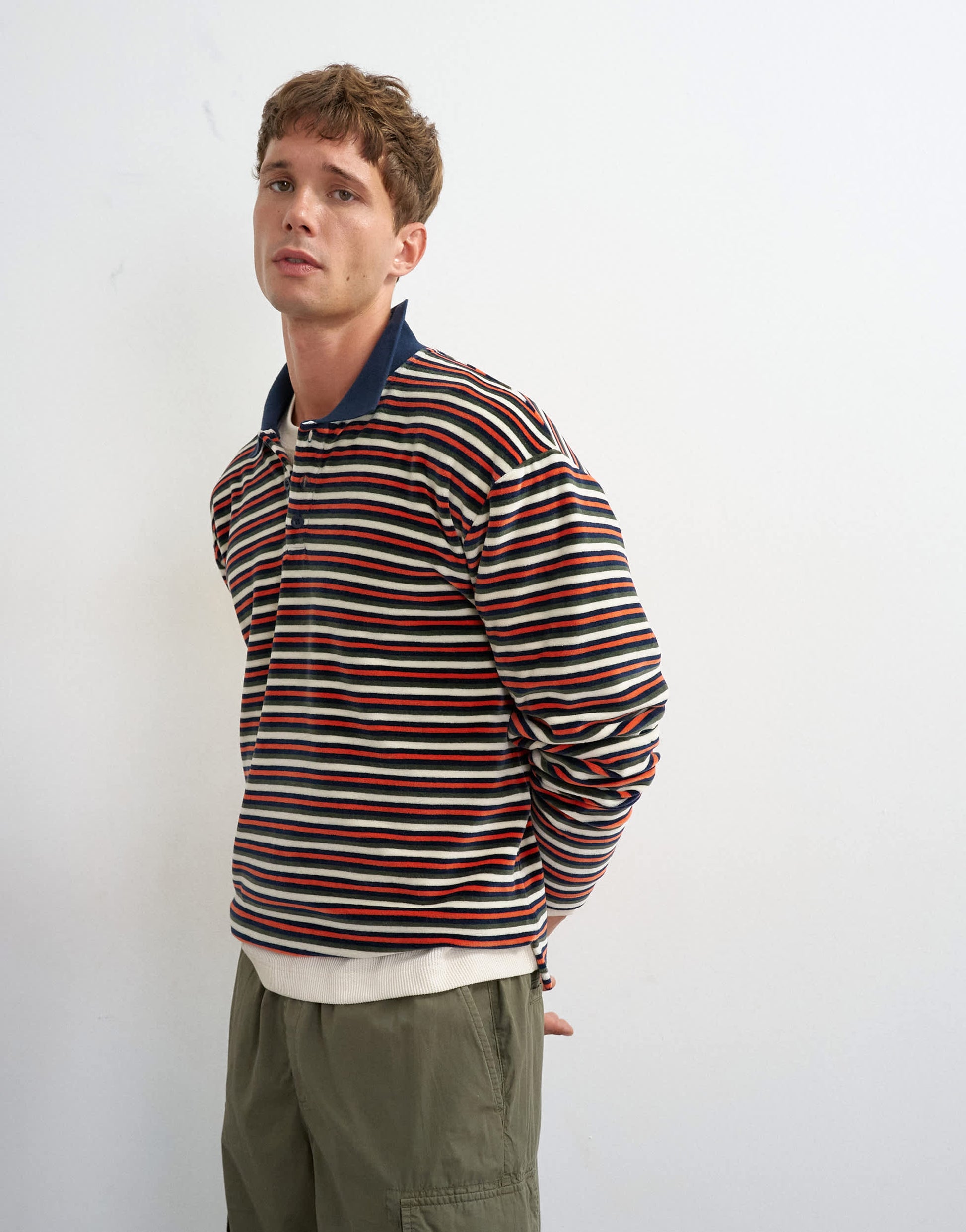 Topman relaxed fit crop velour stripe polo in navy