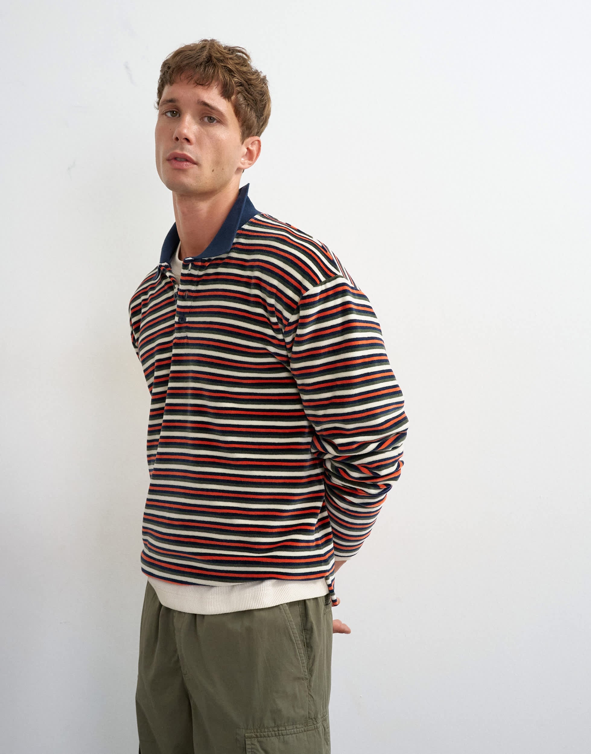 Topman relaxed fit crop velour stripe polo in navy