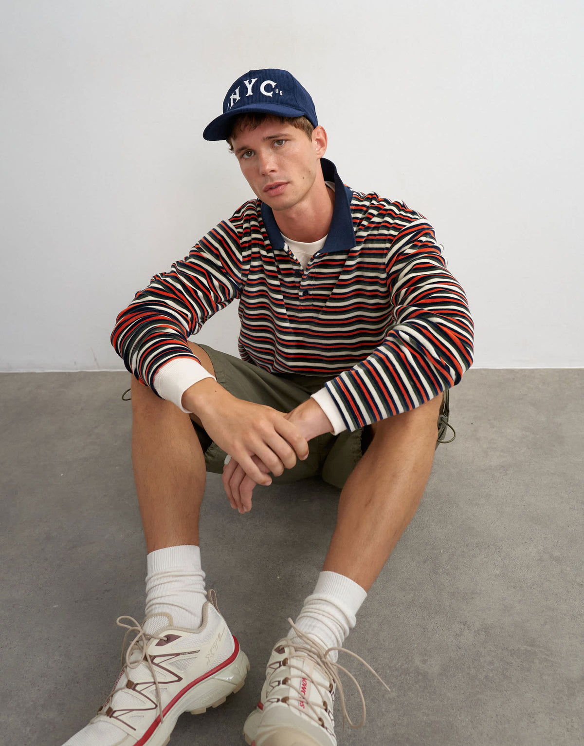 Topman relaxed fit crop velour stripe polo in navy