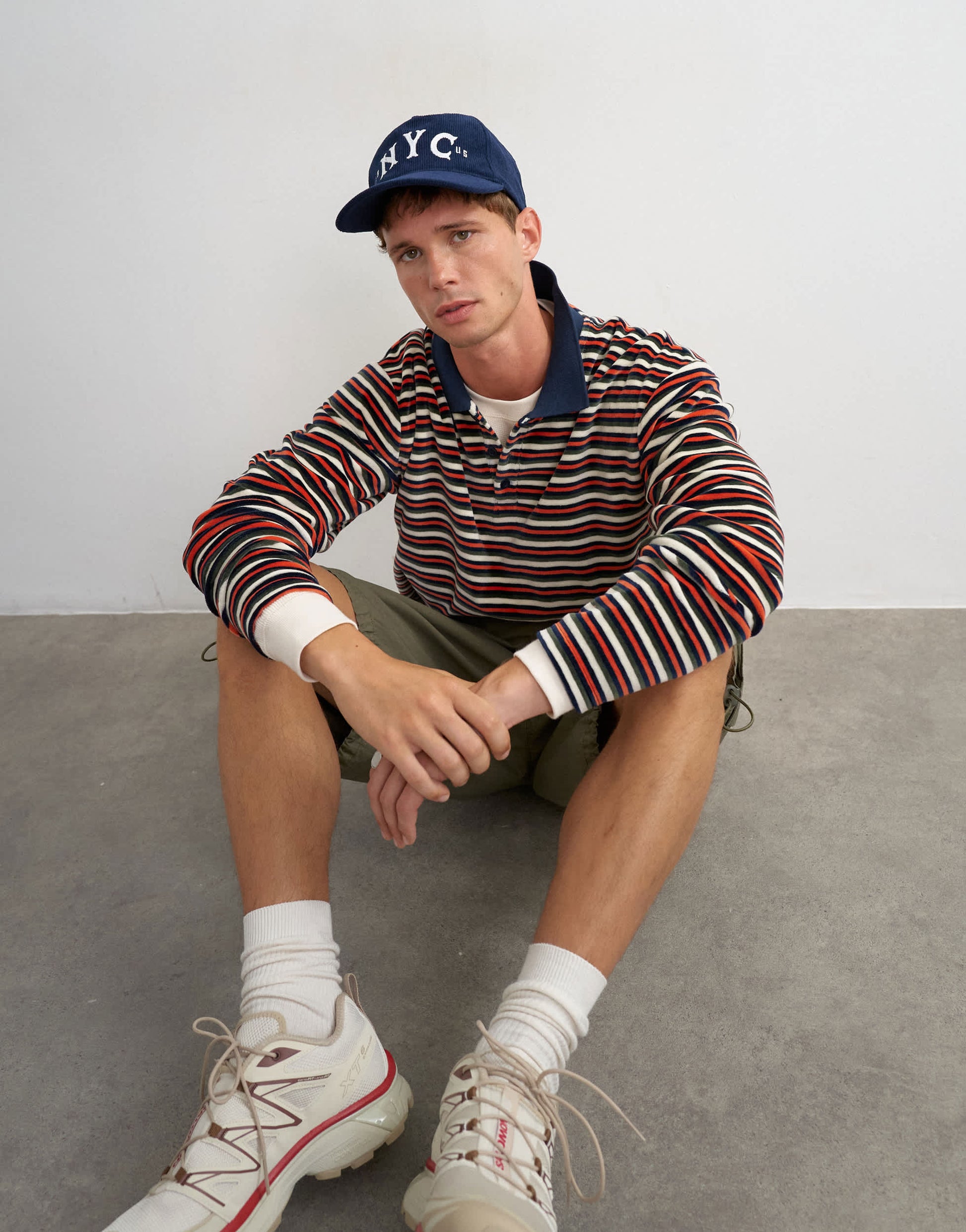 Topman relaxed fit crop velour stripe polo in navy