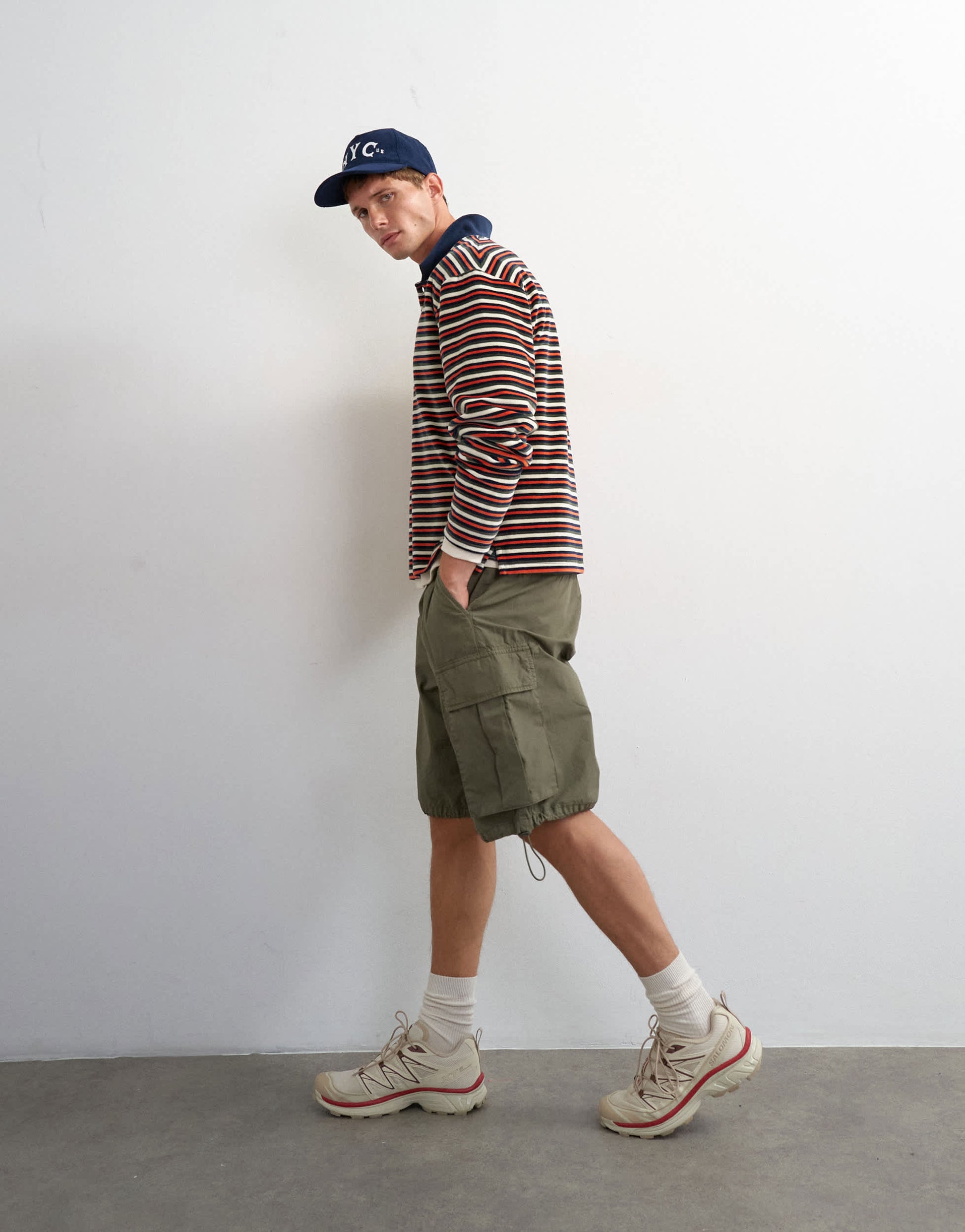 Topman relaxed fit crop velour stripe polo in navy