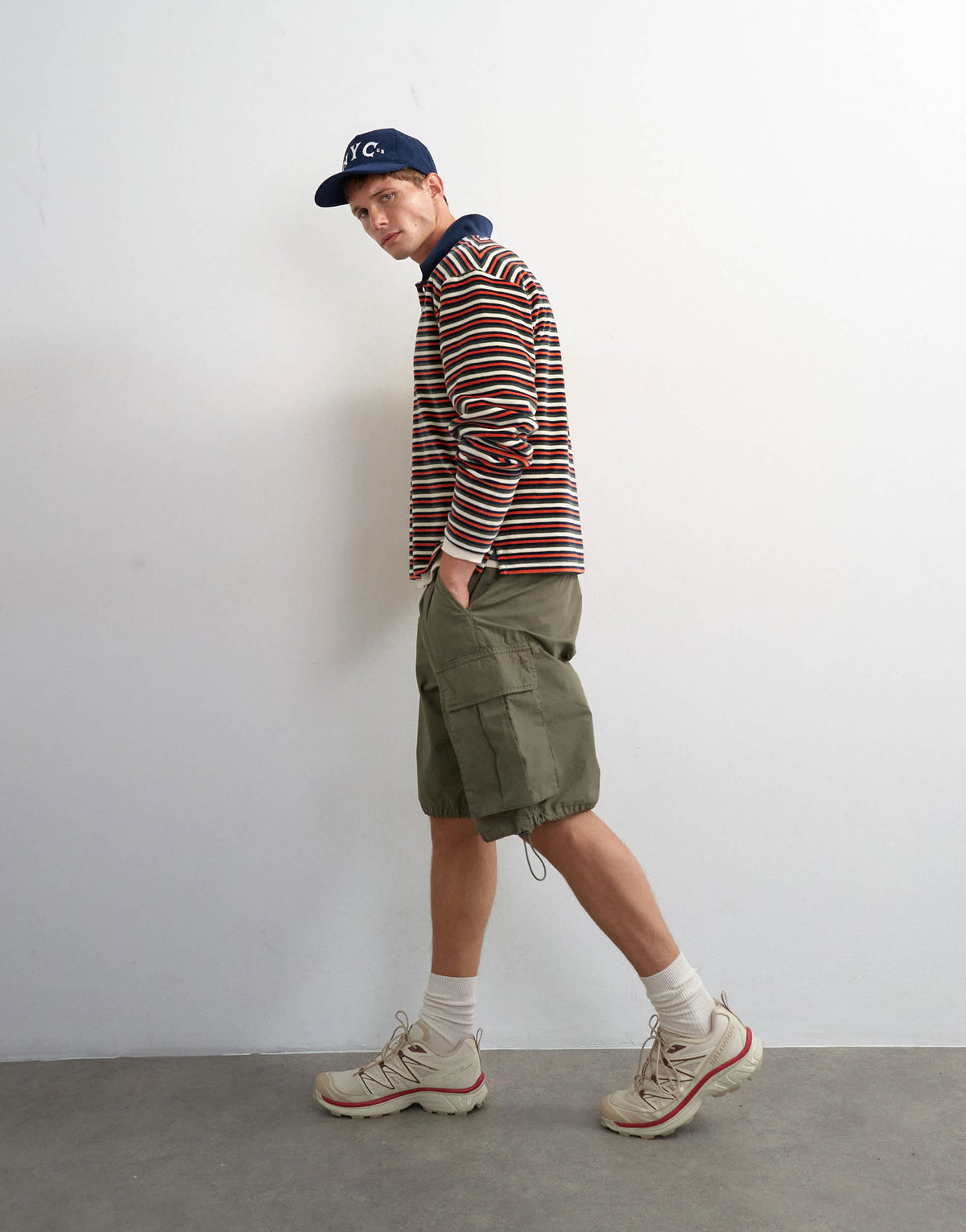 Topman relaxed fit crop velour stripe polo in navy