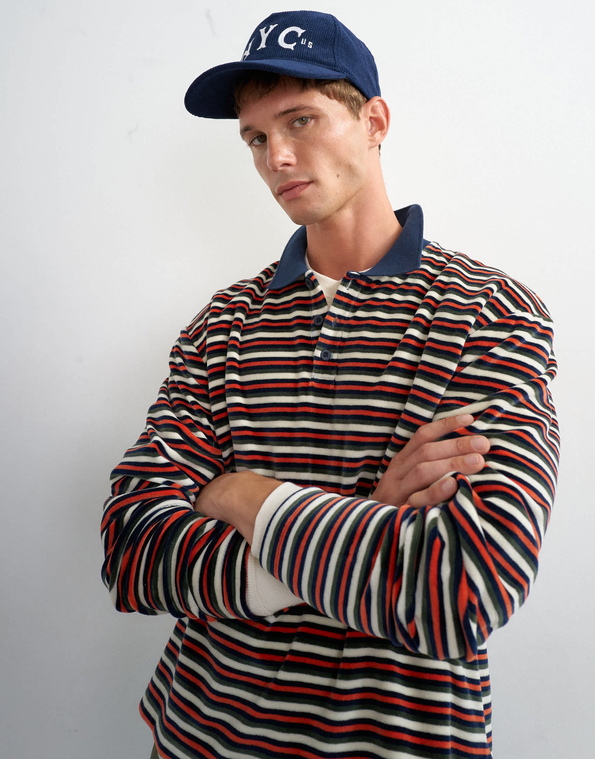 Topman relaxed fit crop velour stripe polo in navy