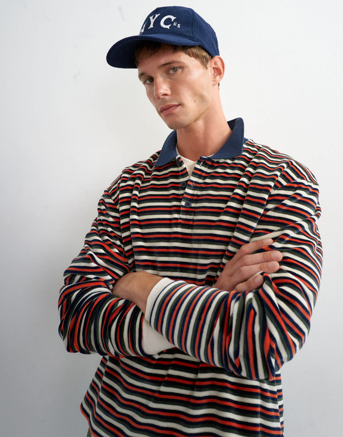 Topman relaxed fit crop velour stripe polo in navy