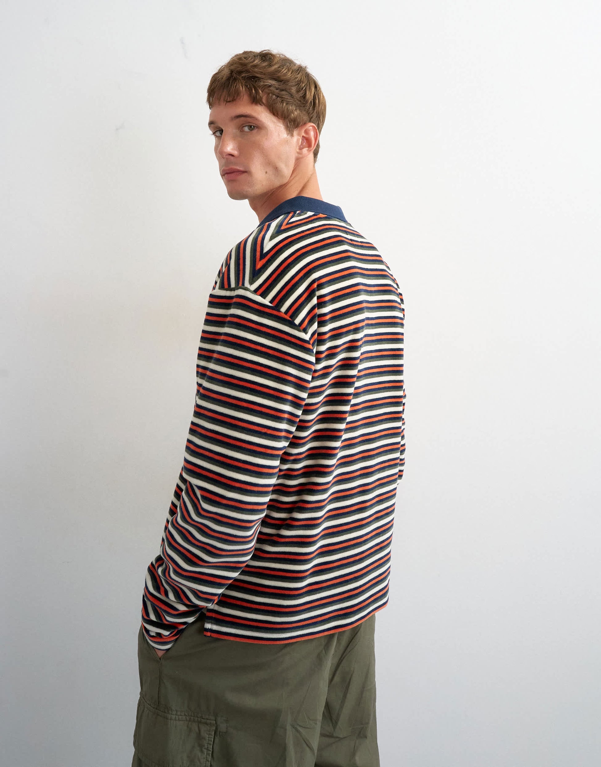 Topman relaxed fit crop velour stripe polo in navy
