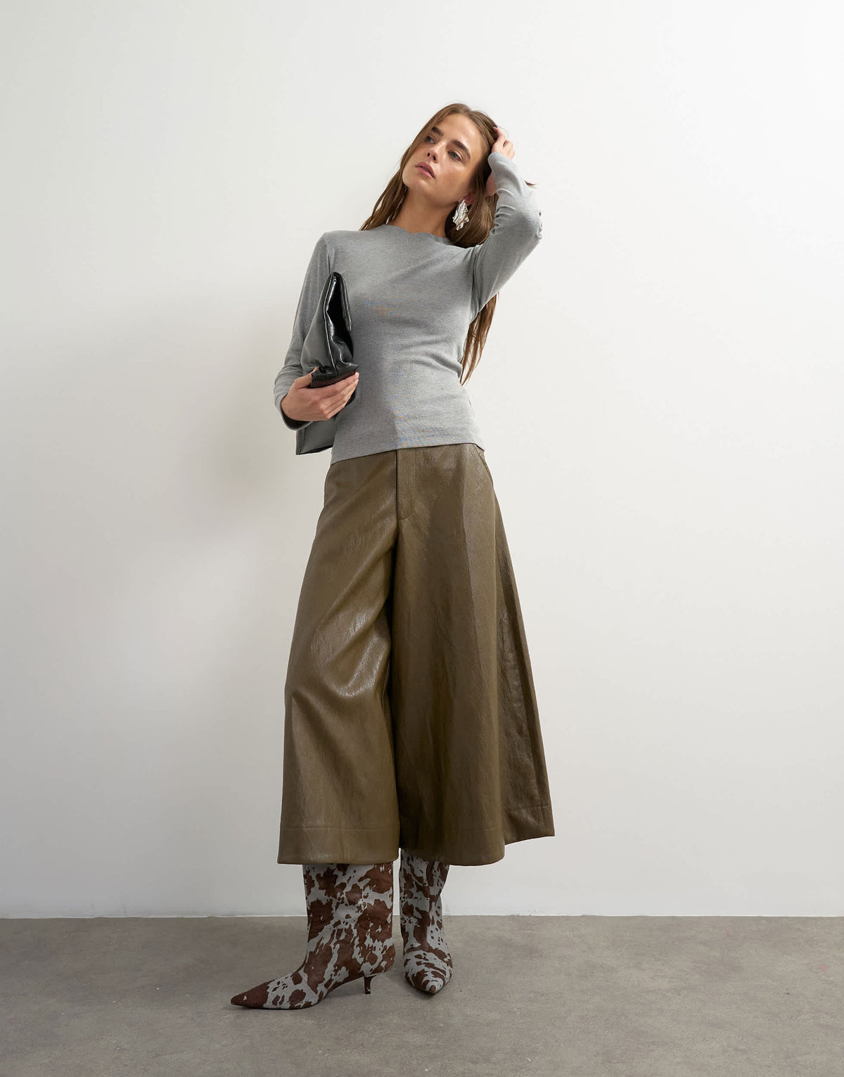 Topshop faux leather a line culotte trousers in khaki