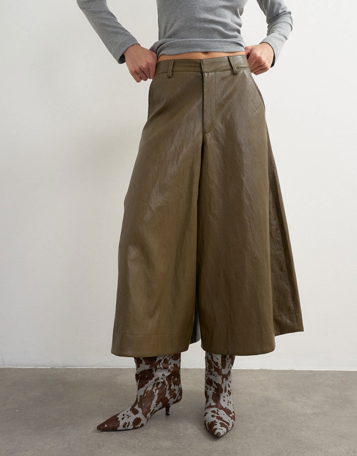 Topshop faux leather a line culotte trousers in khaki