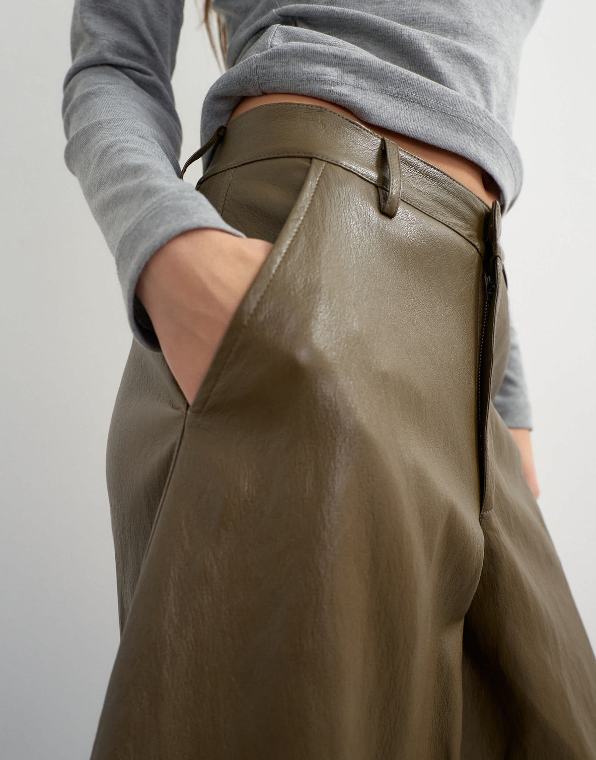 Topshop faux leather a line culotte trousers in khaki