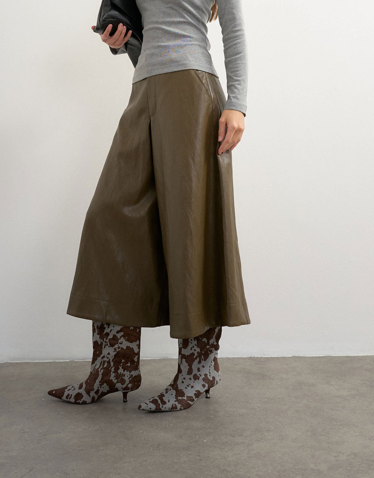 Topshop faux leather a line culotte trousers in khaki